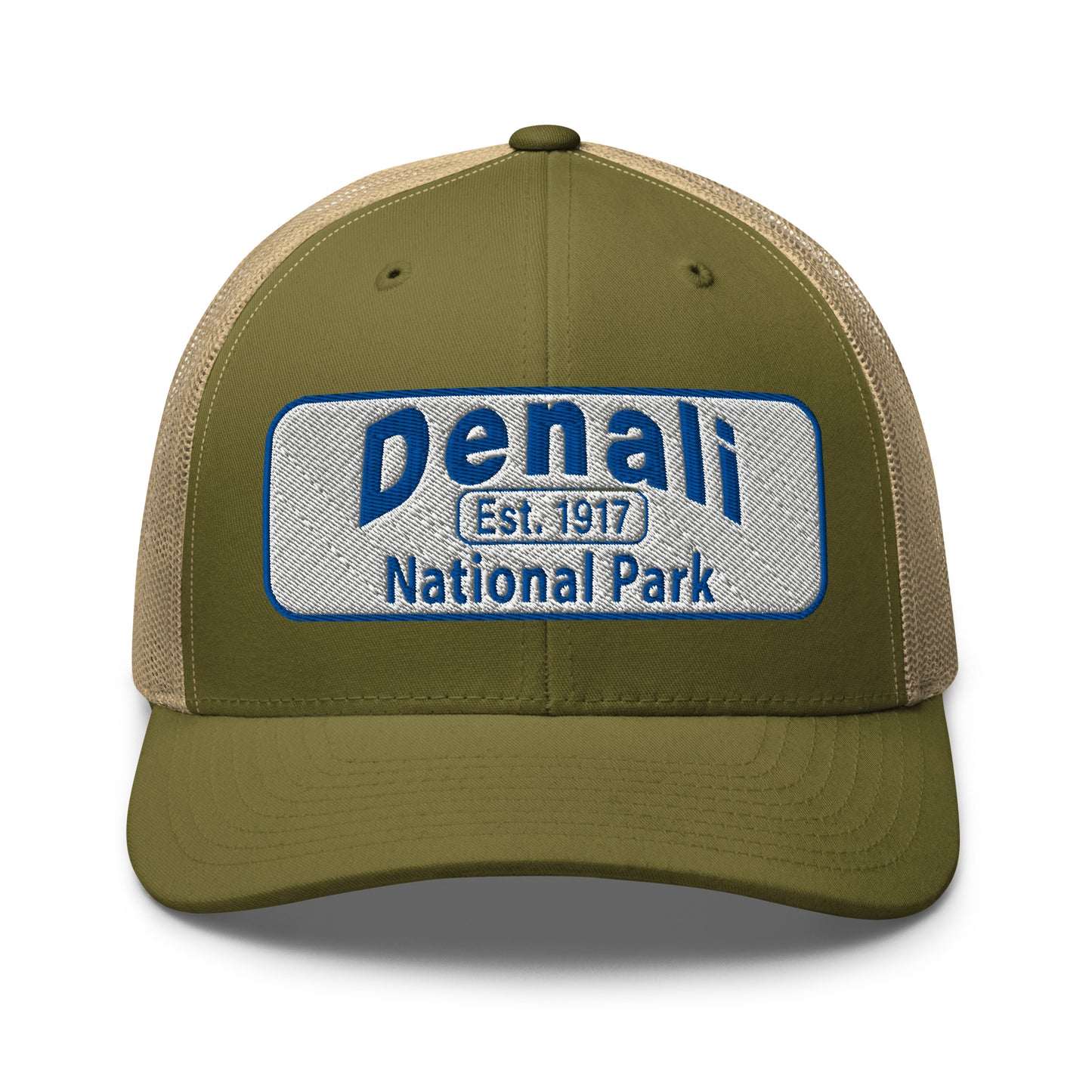 Denali National Park Hat - White Blue Embroidered Denali Park Logo - Yupoong 6606 Trucker Hat - Front View - Color: Heather/Black