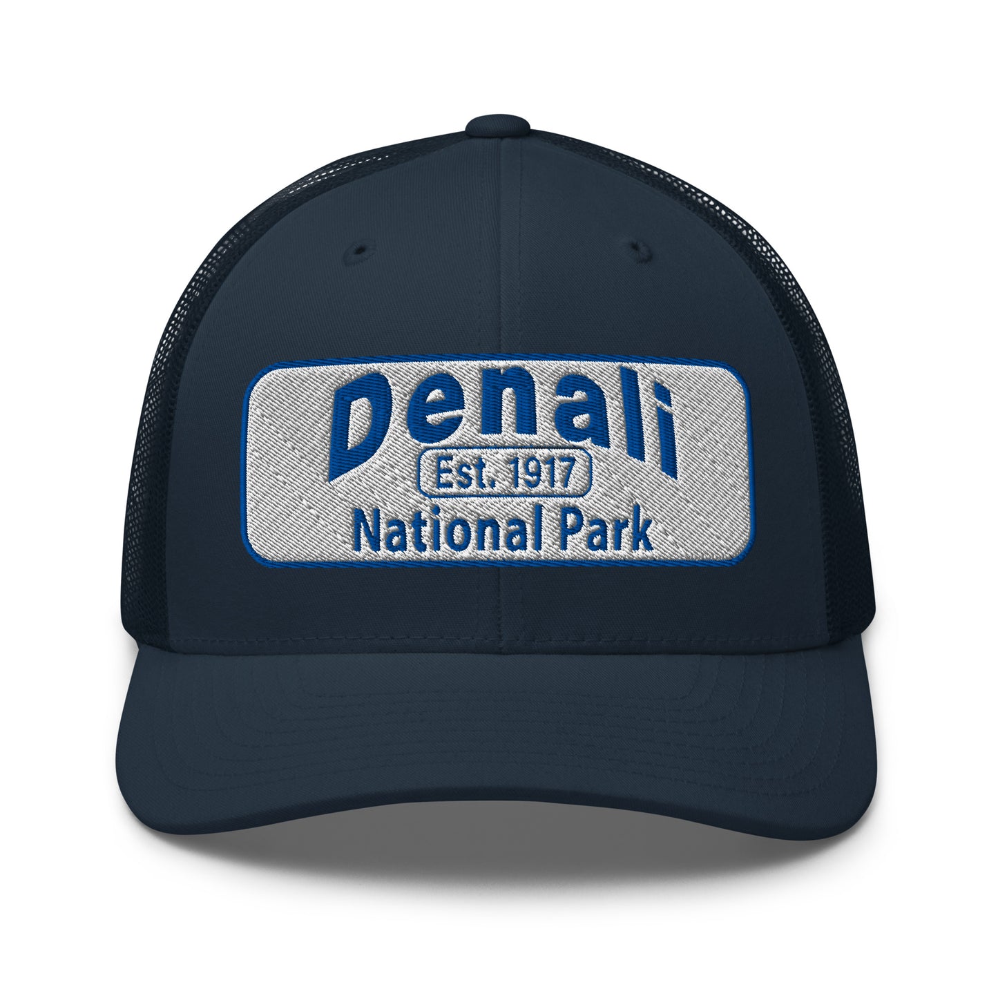 Denali National Park Hat - White Blue Embroidered Denali Park Logo - Yupoong 6606 Trucker Hat - Front View - Color: Navy
