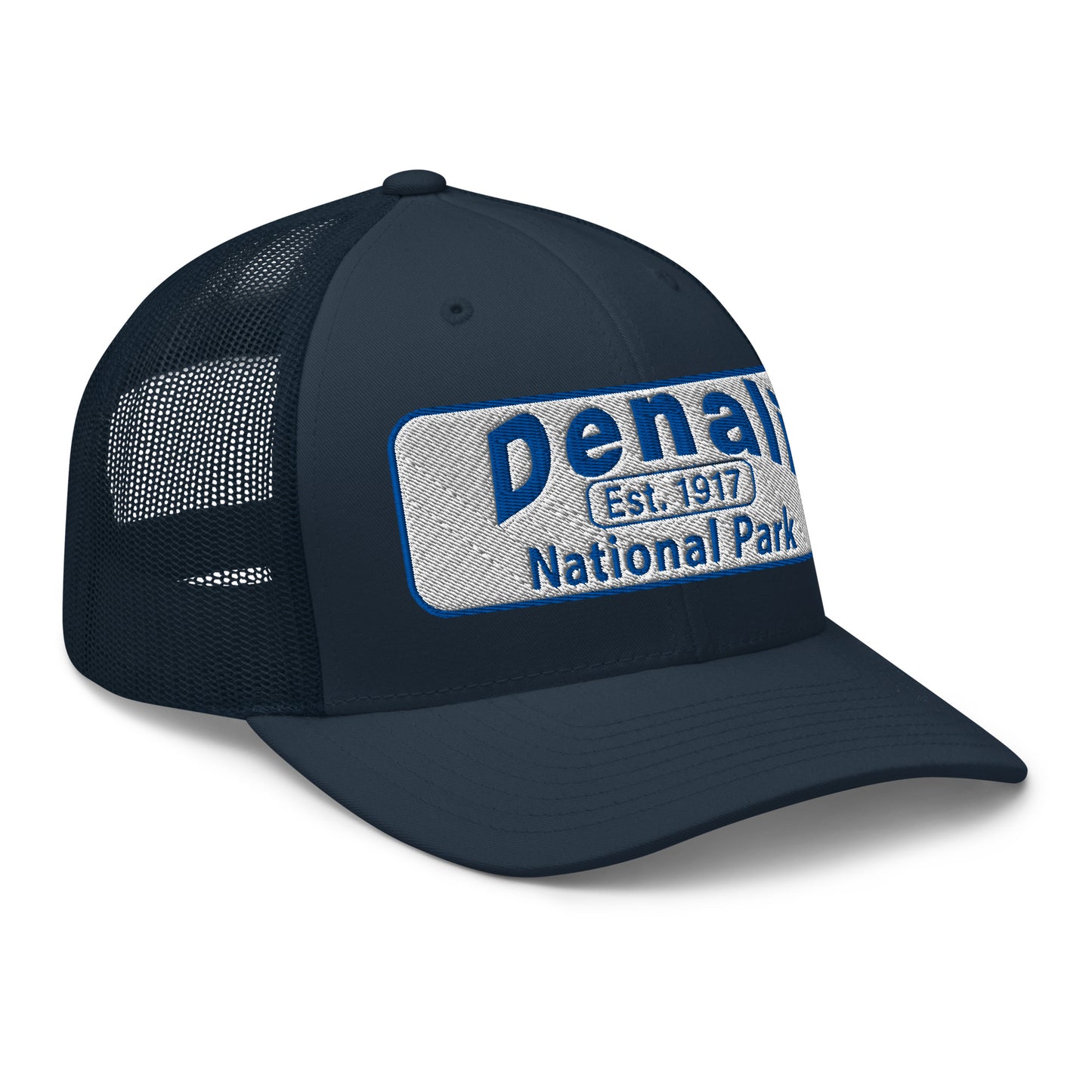Denali National Park Hat - White Blue Embroidered Denali Park Logo - Yupoong 6606 Trucker Hat - Side View - Color: Navy