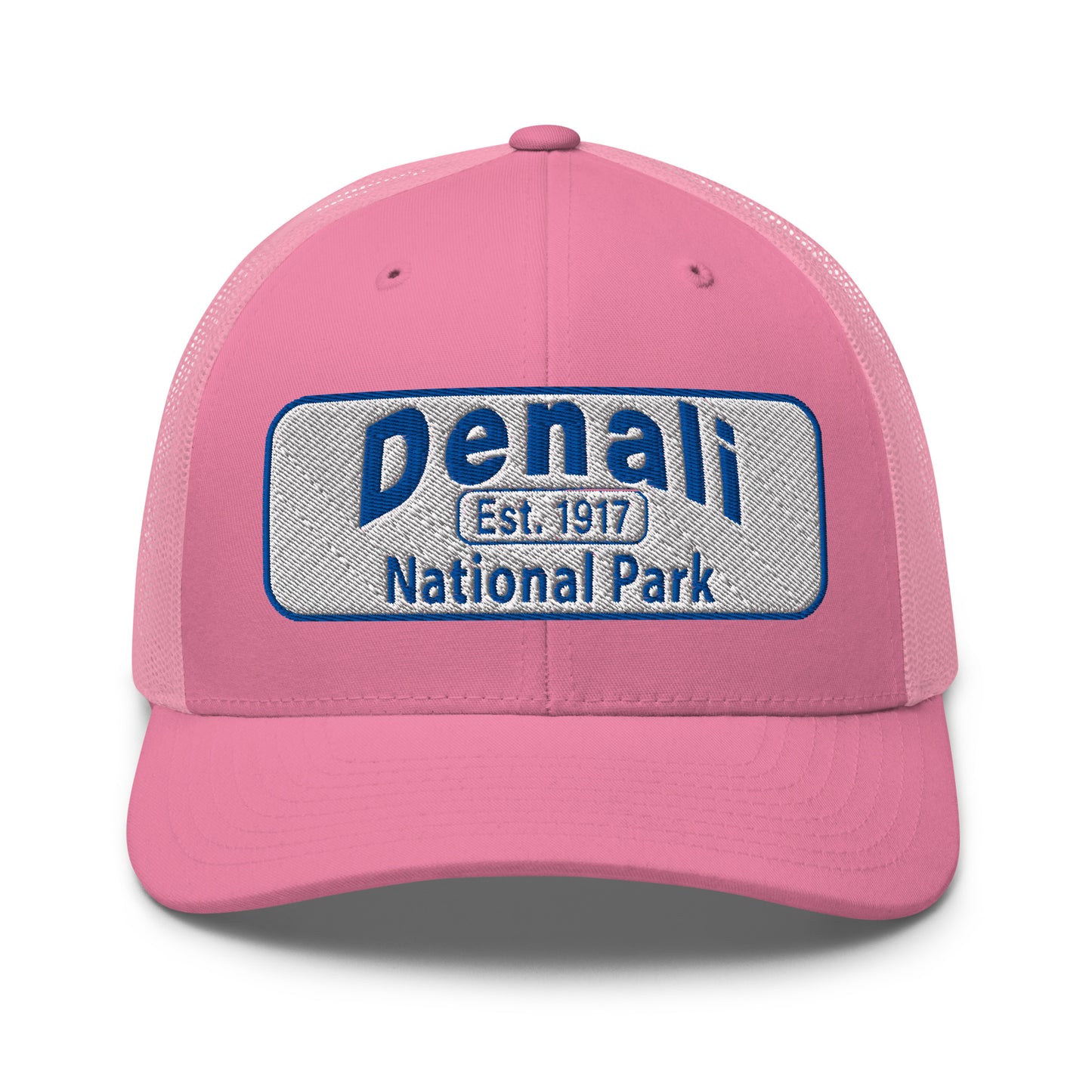 Denali National Park Hat - White Blue Embroidered Denali Park Logo - Yupoong 6606 Trucker Hat - Front View - Color: Pink