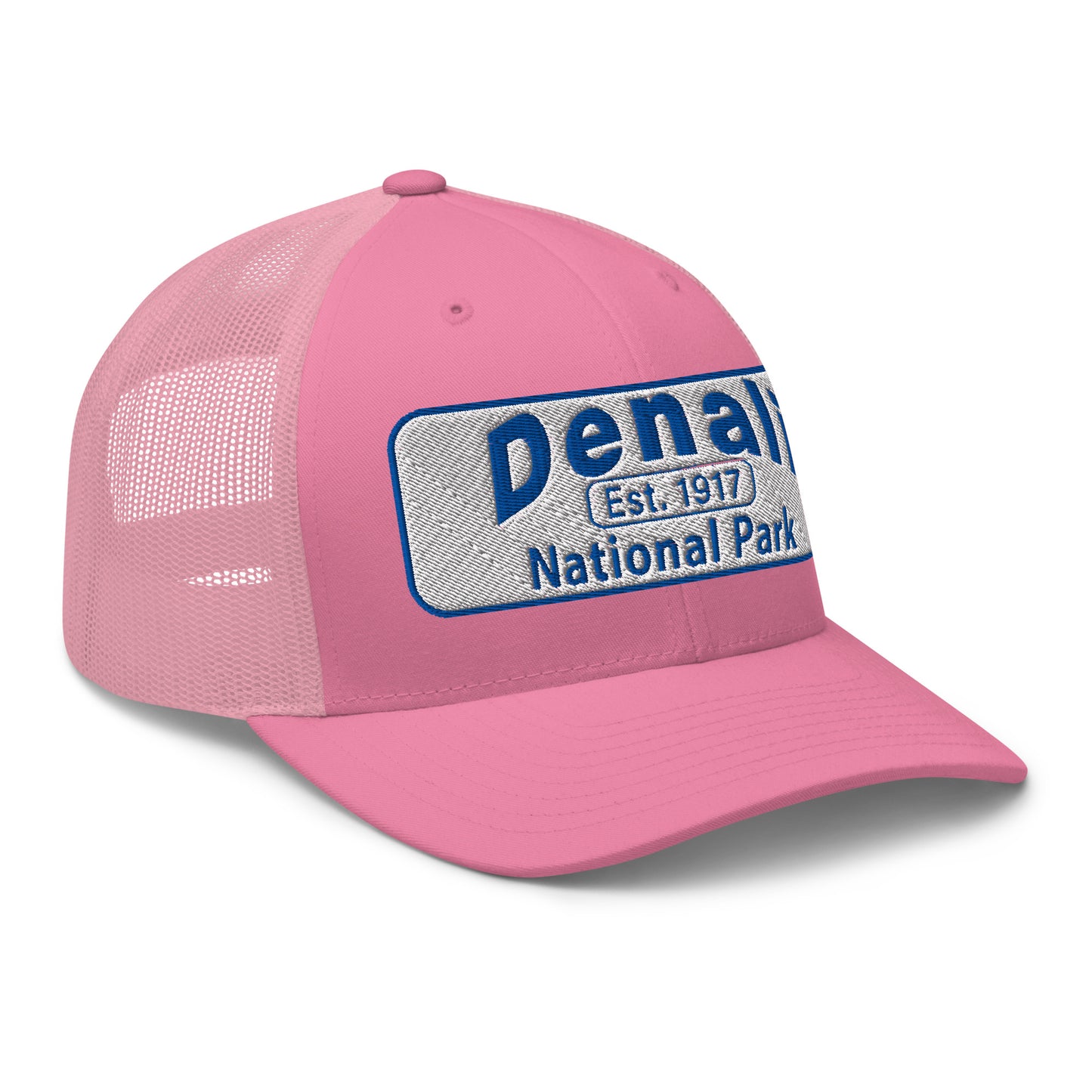 Denali National Park Hat - White Blue Embroidered Denali Park Logo - Yupoong 6606 Trucker Hat - Side View - Color: Pink