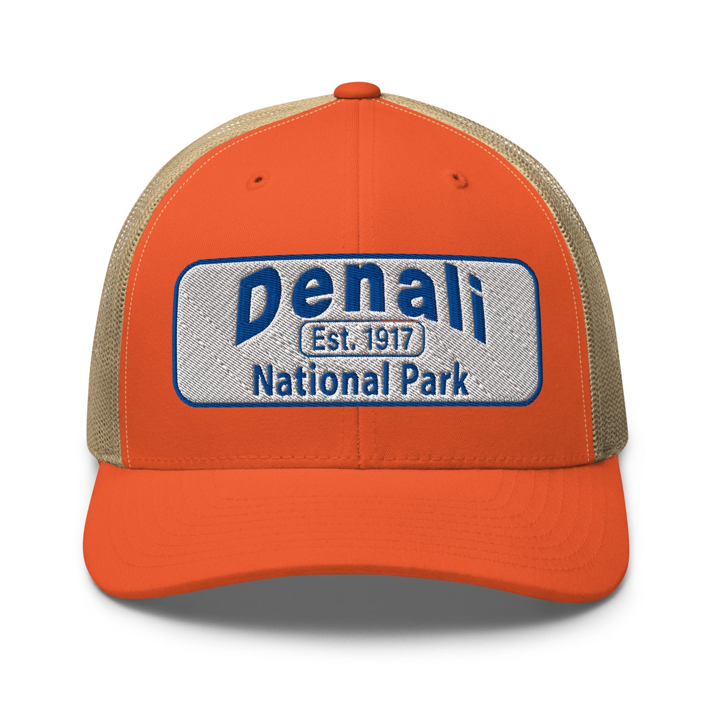Denali National Park Hat - White Blue Embroidered Denali Park Logo - Yupoong 6606 Trucker Hat - Front View - Color: Orange/Khaki