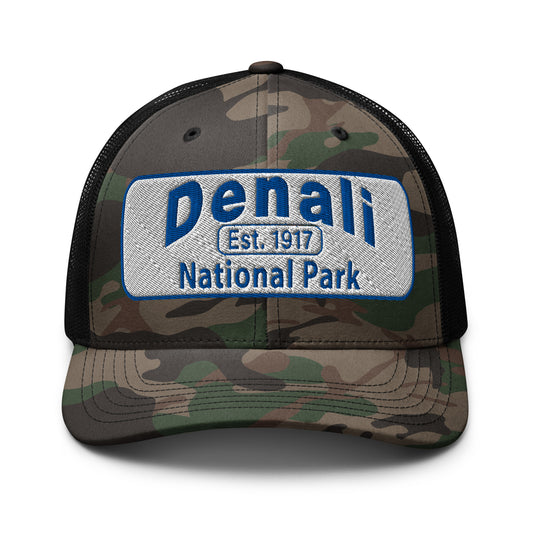 Denali National Park Camo Hat - White Blue Embroidered Denali Park Logo - Otto 105-1247 Trucker Hat - Front View - Color: Camo/Black