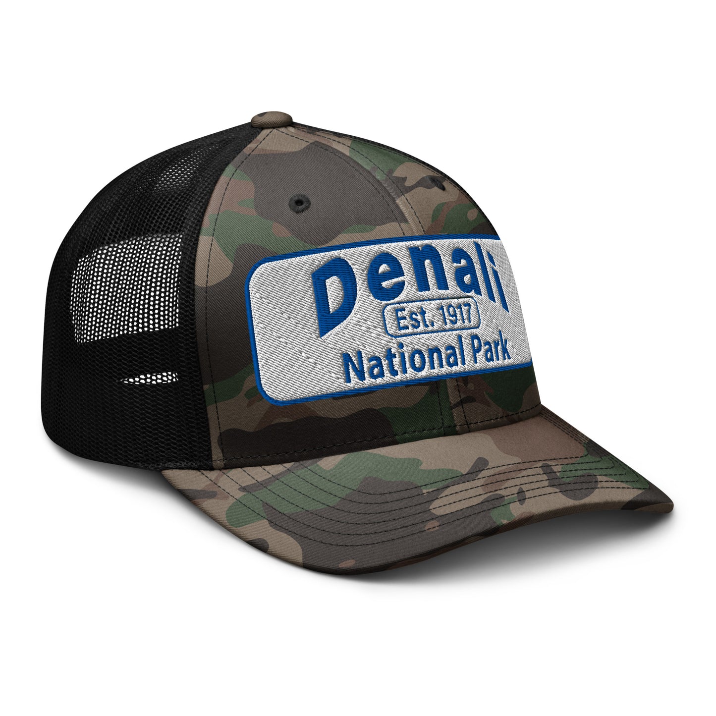 Denali National Park Camo Hat - White Blue Embroidered Denali Park Logo - Otto 105-1247 Trucker Hat - Side View - Color: Camo/Black
