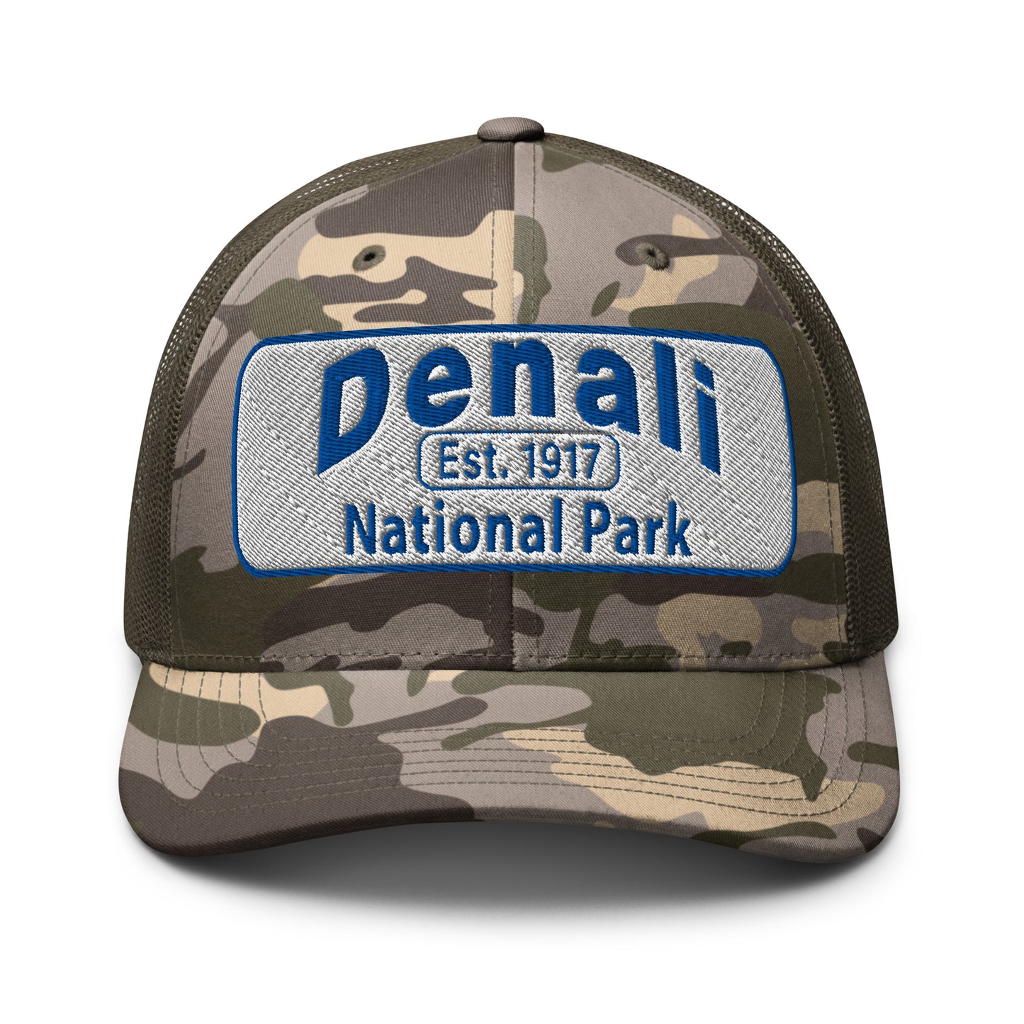 Denali National Park Camo Hat - White Blue Embroidered Denali Park Logo - Otto 105-1247 Trucker Hat - Front View - Color: Camo/Brown