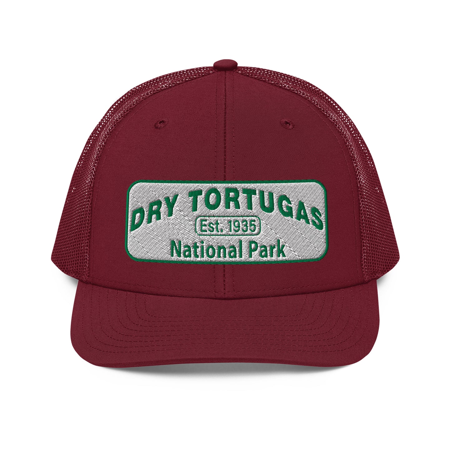 Dry Tortugas National Park Hat - White and Green Embroidered patch - Richardson 112 Trucker Hat - Front View - Color: Cardinal
