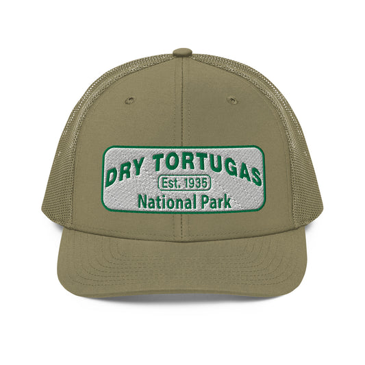 Dry Tortugas National Park Hat - White and Green Embroidered patch - Richardson 112 Trucker Hat - Front View - Color: Loden