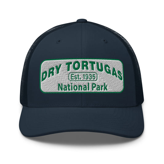 Dry Tortugas National Park Hat - White and Green Embroidered patch - Yupoong 6606 Trucker Hat - Front View - Color: Navy