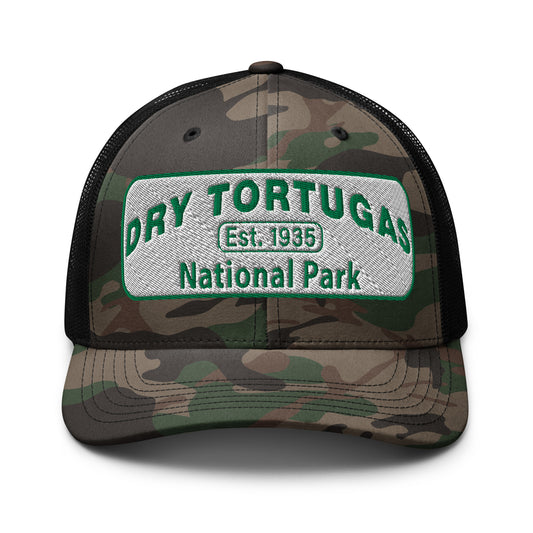 Dry Tortugas National Park Camo Hat - White and Green Embroidered patch - Otto 105-1247 Trucker Hat - Front View - Color: Camo/Black