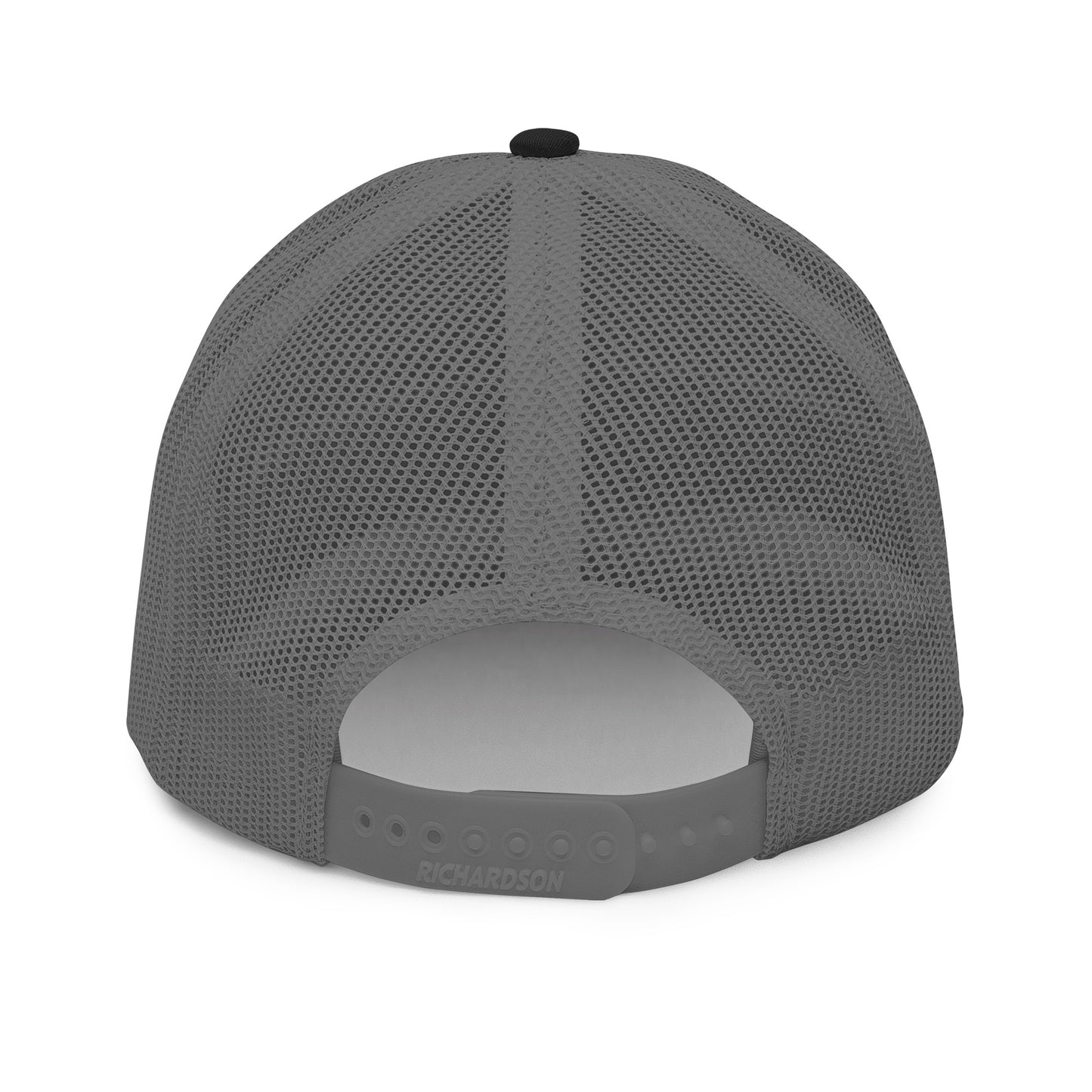 Everglades National Park Hat with a green and white embroidered park patch on a charcoal/black Richardson 112 trucker hat viewed from the rear with snapback.