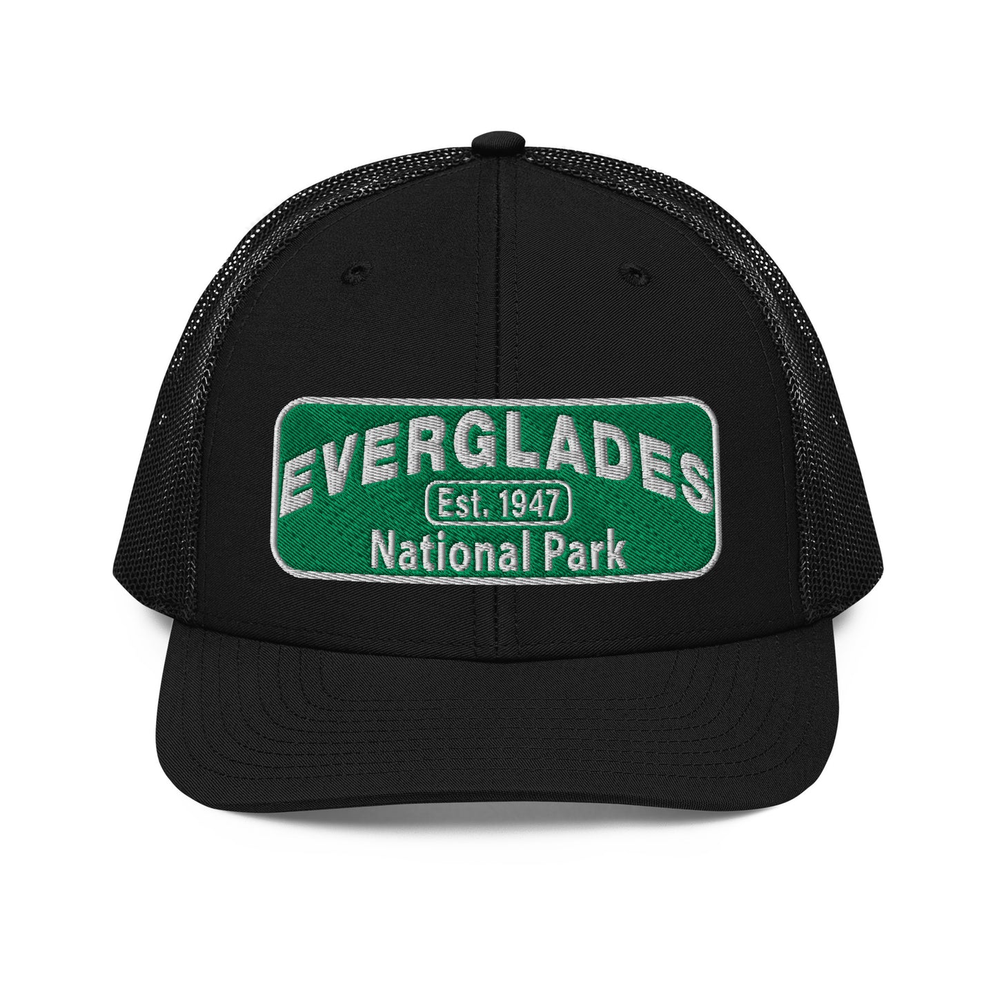 Everglades National Park Hat with a green and white embroidered park patch on a Black Richardson 112 trucker hat viewed from the front side.