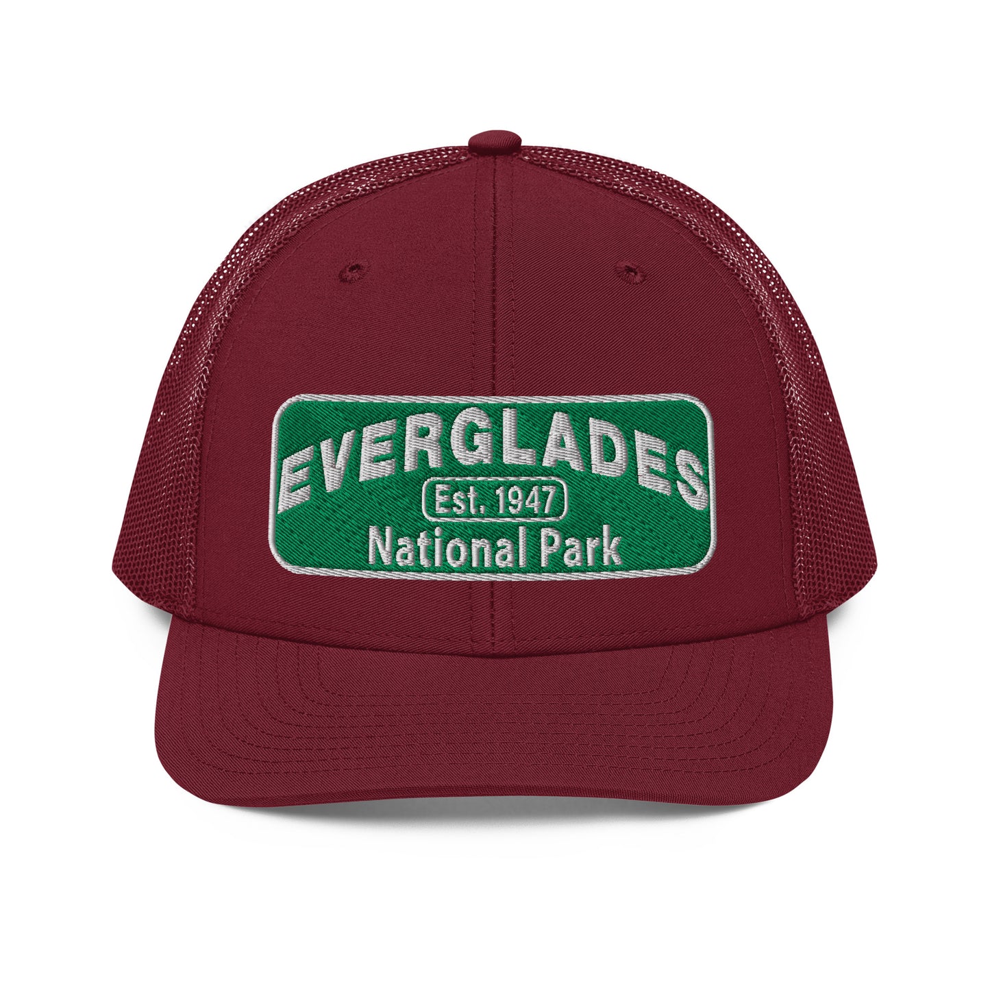 Everglades National Park Hat with a green and white embroidered park patch on a Cardinal Richardson 112 trucker hat viewed from the front side.