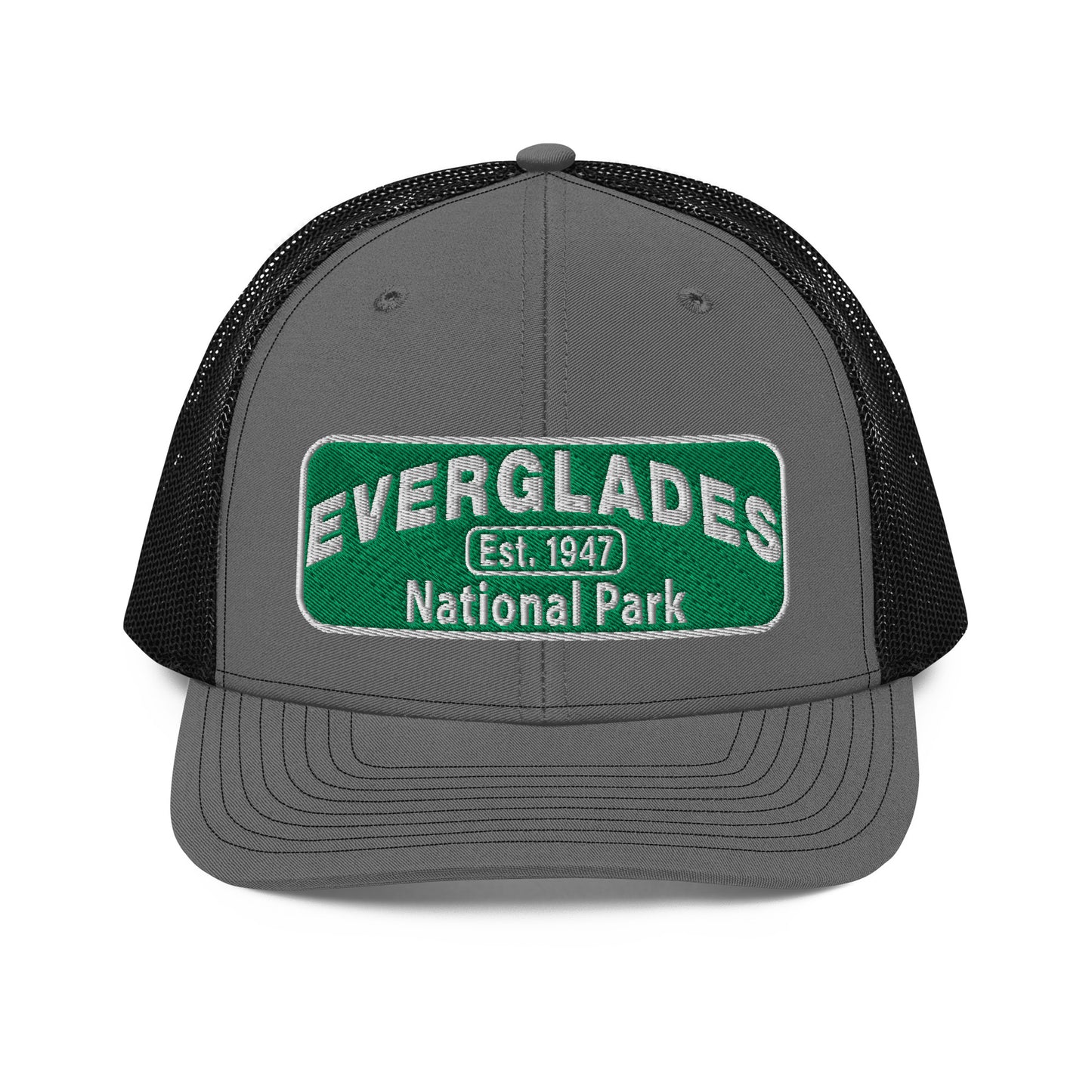 Everglades National Park Hat with a green and white embroidered park patch on a Charcoal/Black Richardson 112 trucker hat viewed from the front side.