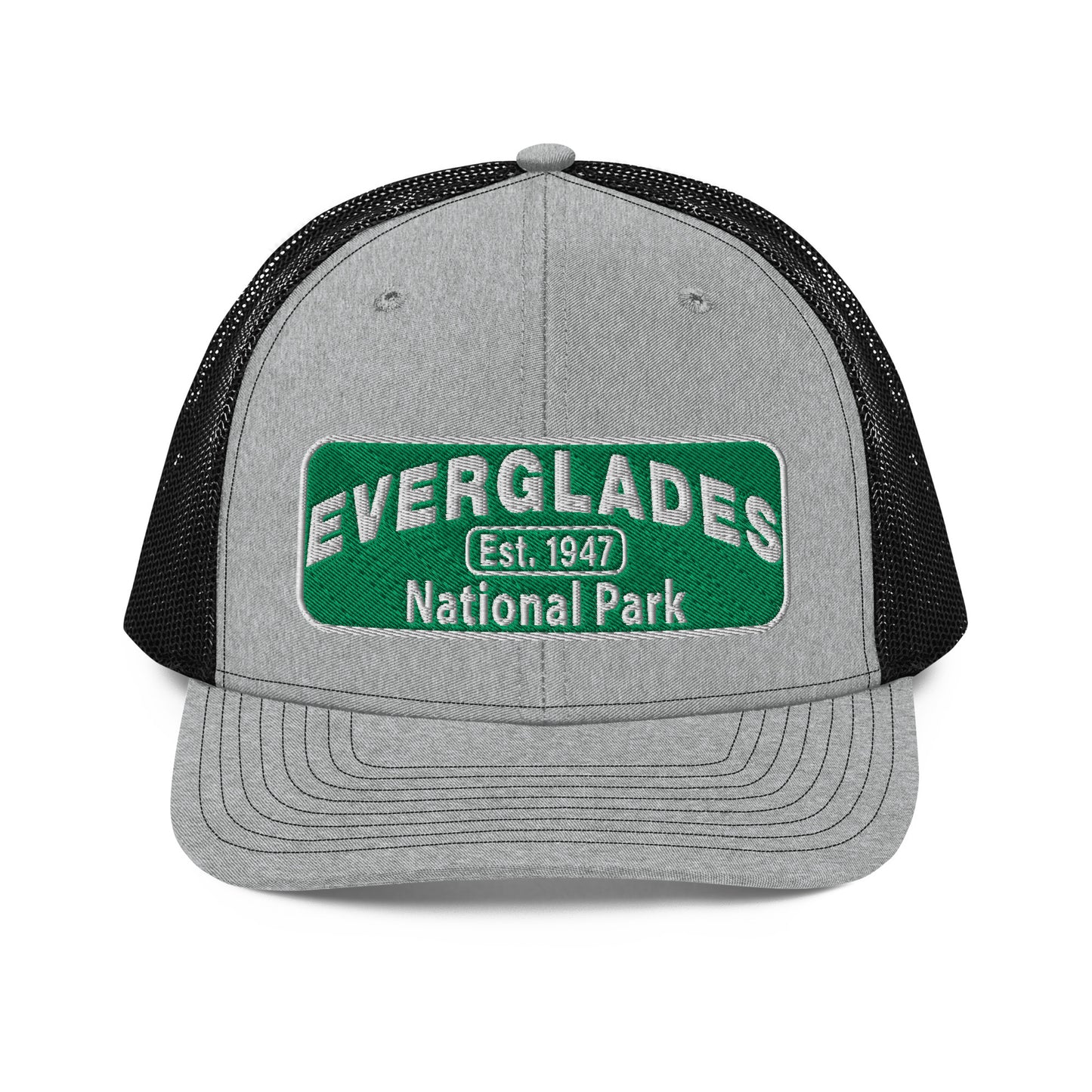 Everglades National Park Hat with a green and white embroidered park patch on a Heather/Black Richardson 112 trucker hat viewed from the front.