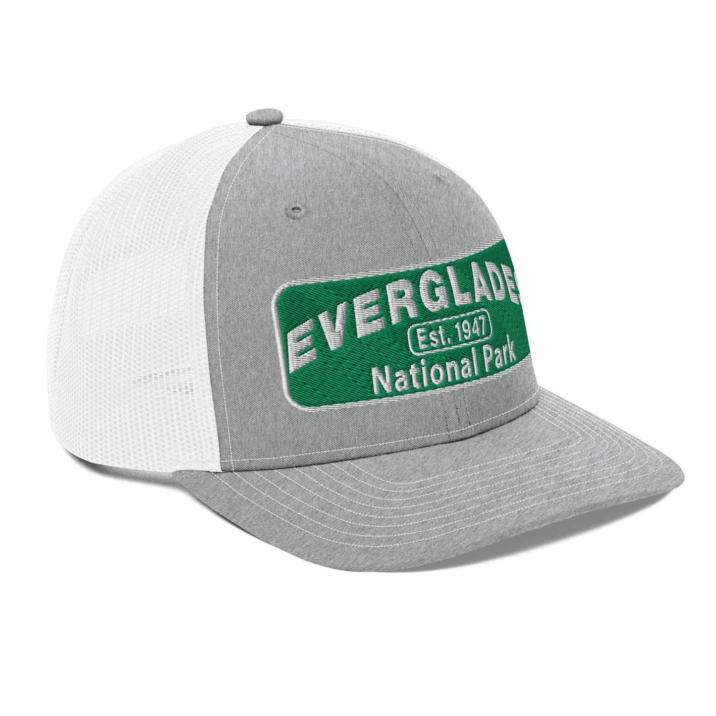 Everglades National Park Hat with a green and white embroidered park patch on a Heaher/White Richardson 112 trucker hat viewed from the right side.