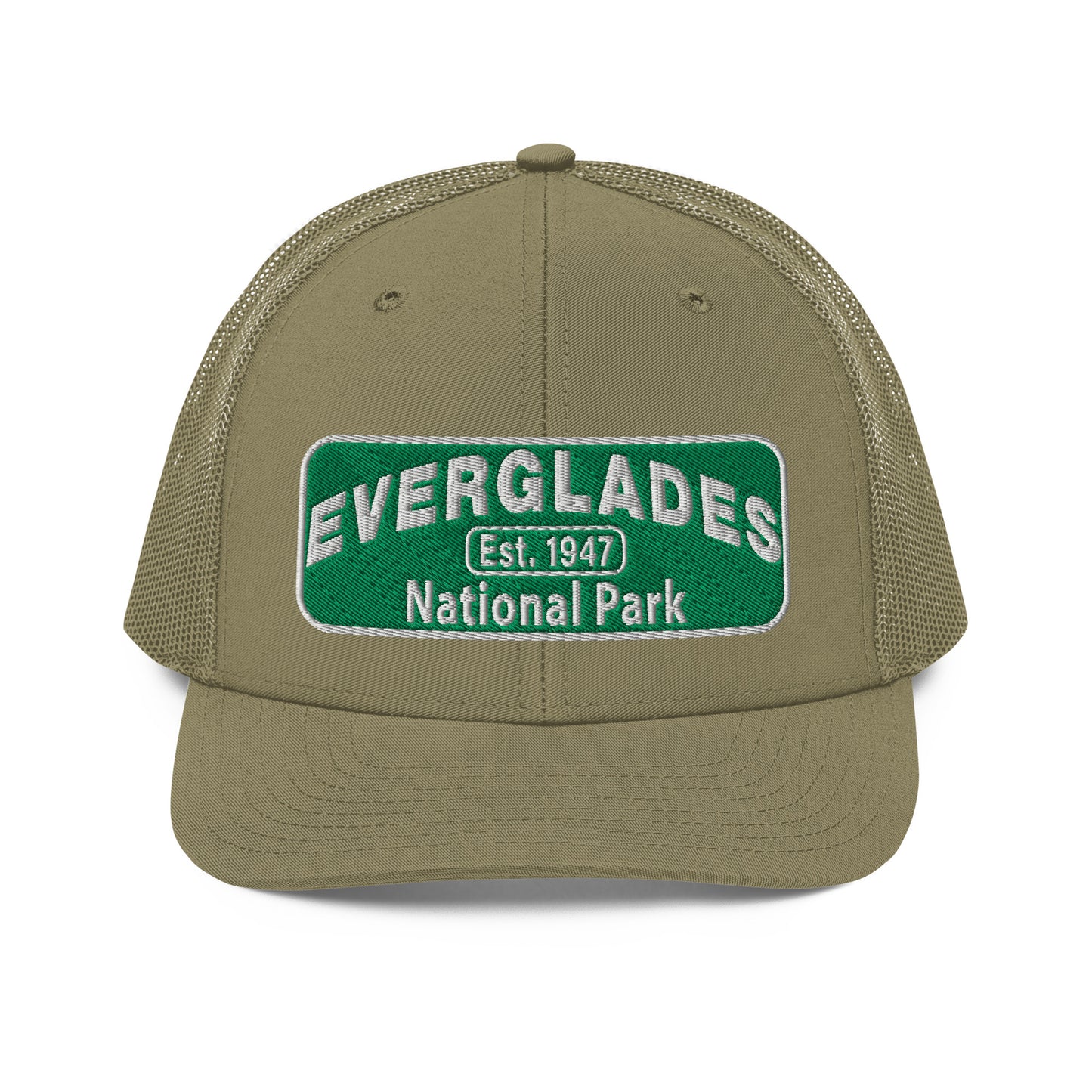 Everglades National Park Hat with a green and white embroidered park patch on a Loden Richardson 112 trucker hat viewed from the front.