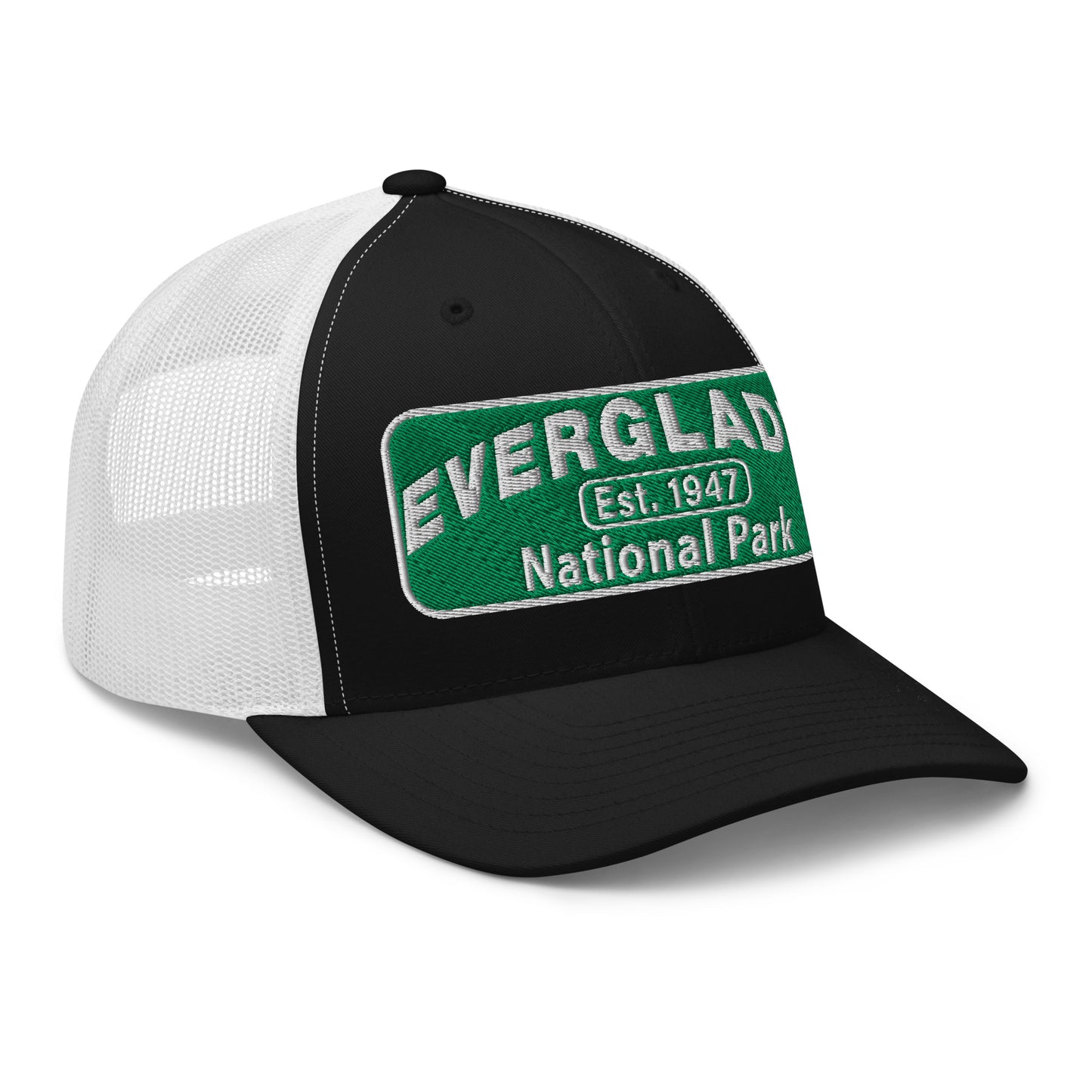 Everglades National Park Hat with a green and white embroidered national park patch on a black/white Yupoong 6606 Trucker hat viewed from the right side.