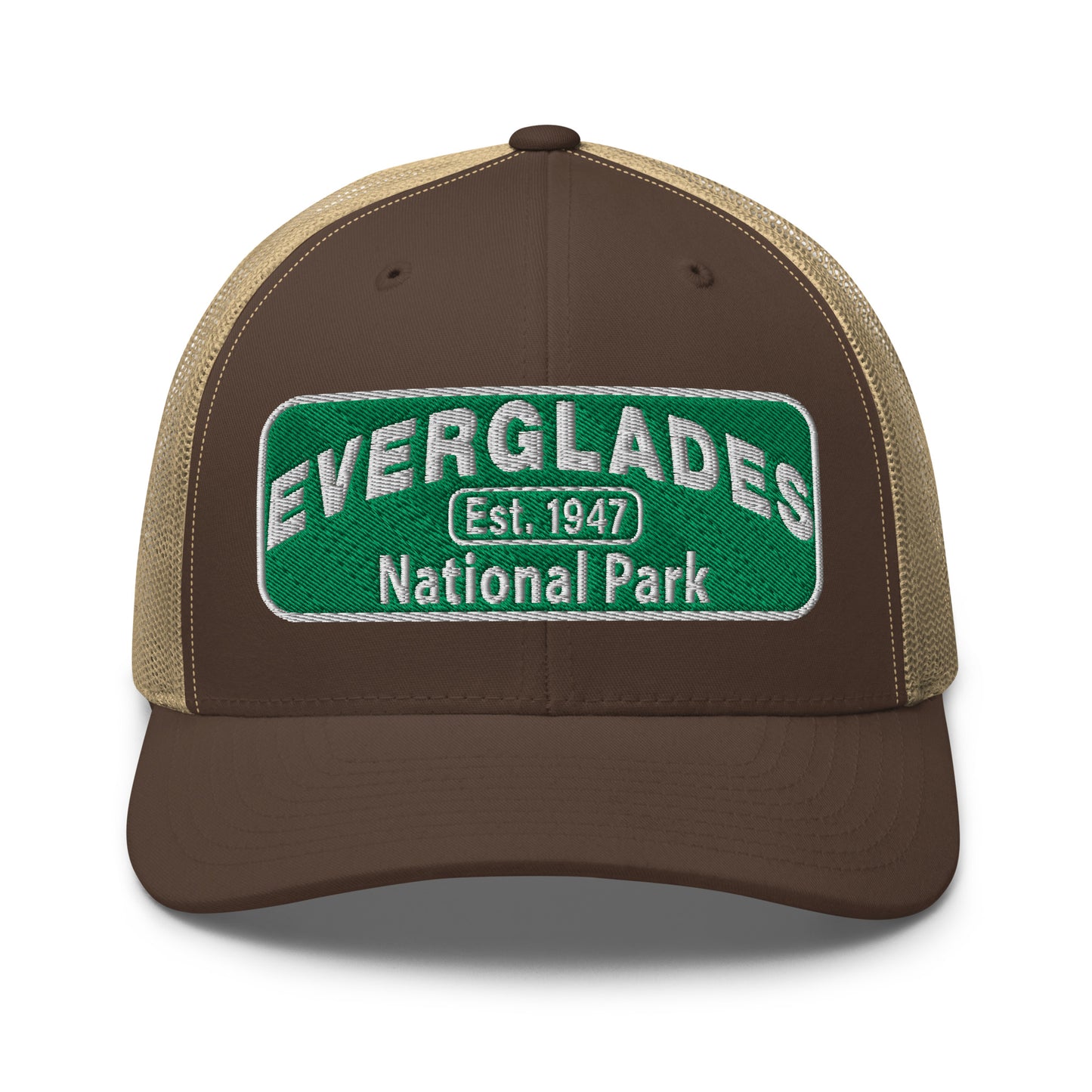 Everglades National Park Hat with a green and white embroidered national park patch on a brown/khaki Yupoong 6606 Trucker hat viewed from the front.