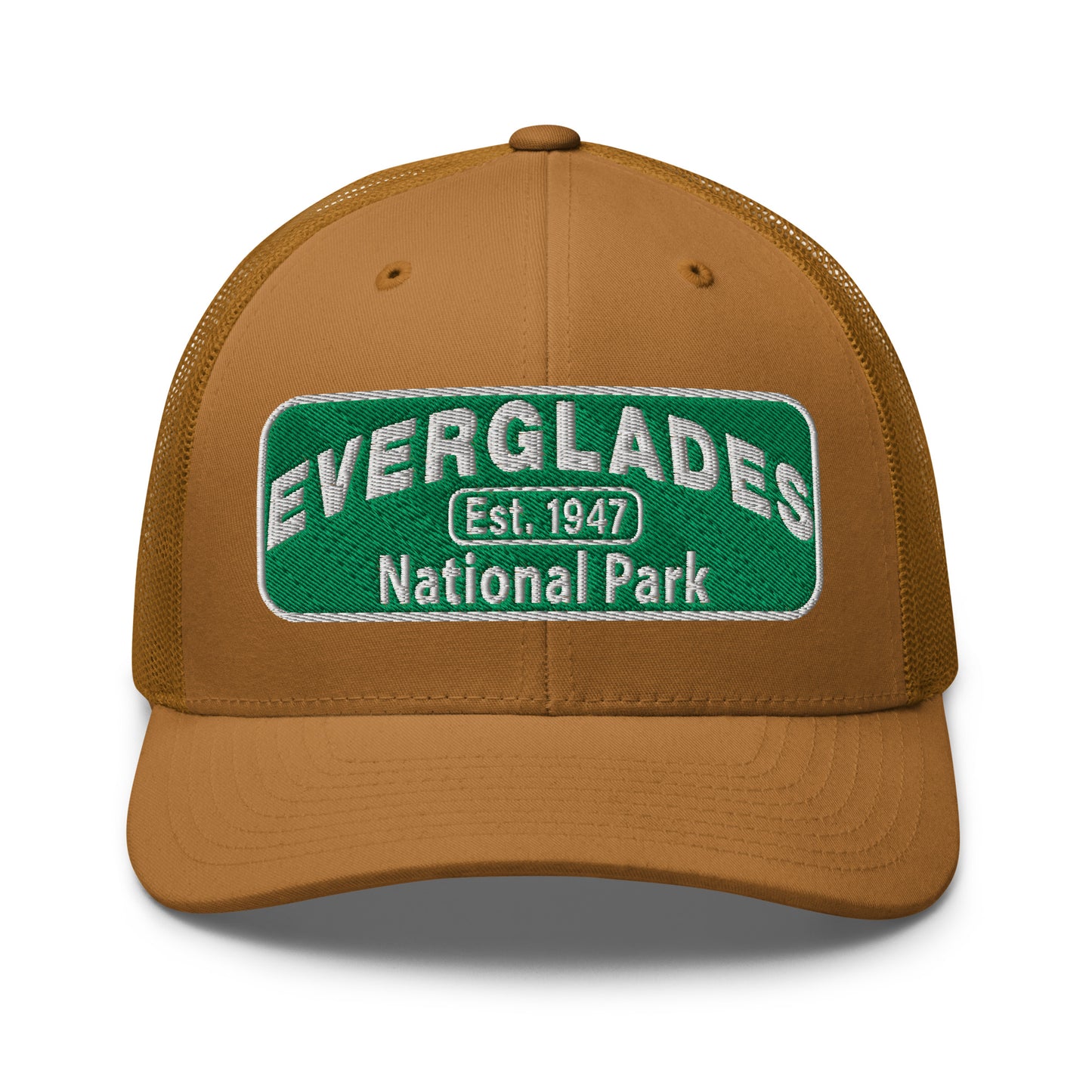 Everglades National Park Hat with a green and white embroidered national park patch on a caramel Yupoong 6606 Trucker hat viewed from the front.