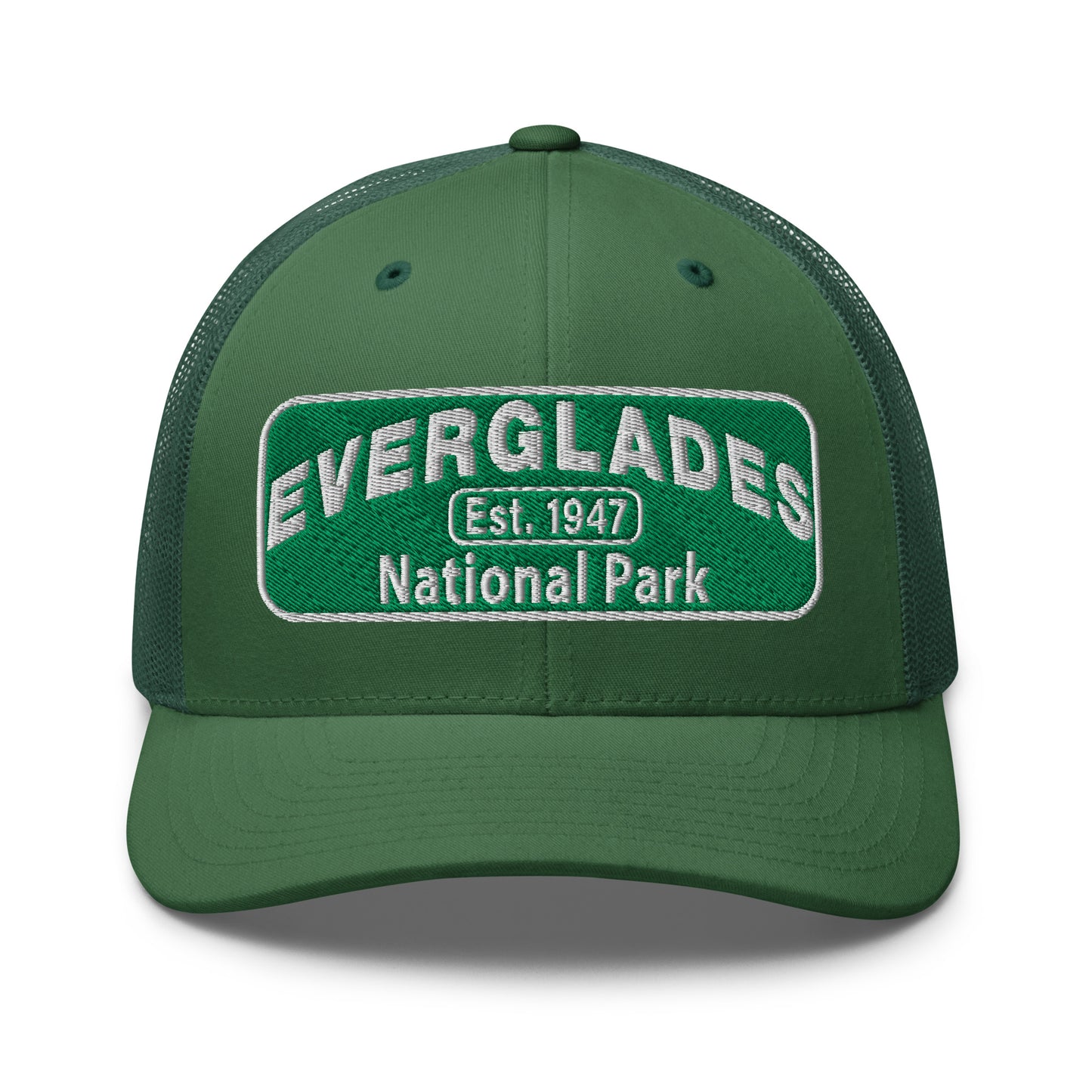 Everglades National Park Hat with a green and white embroidered national park patch on a green Yupoong 6606 Trucker hat viewed from the front.