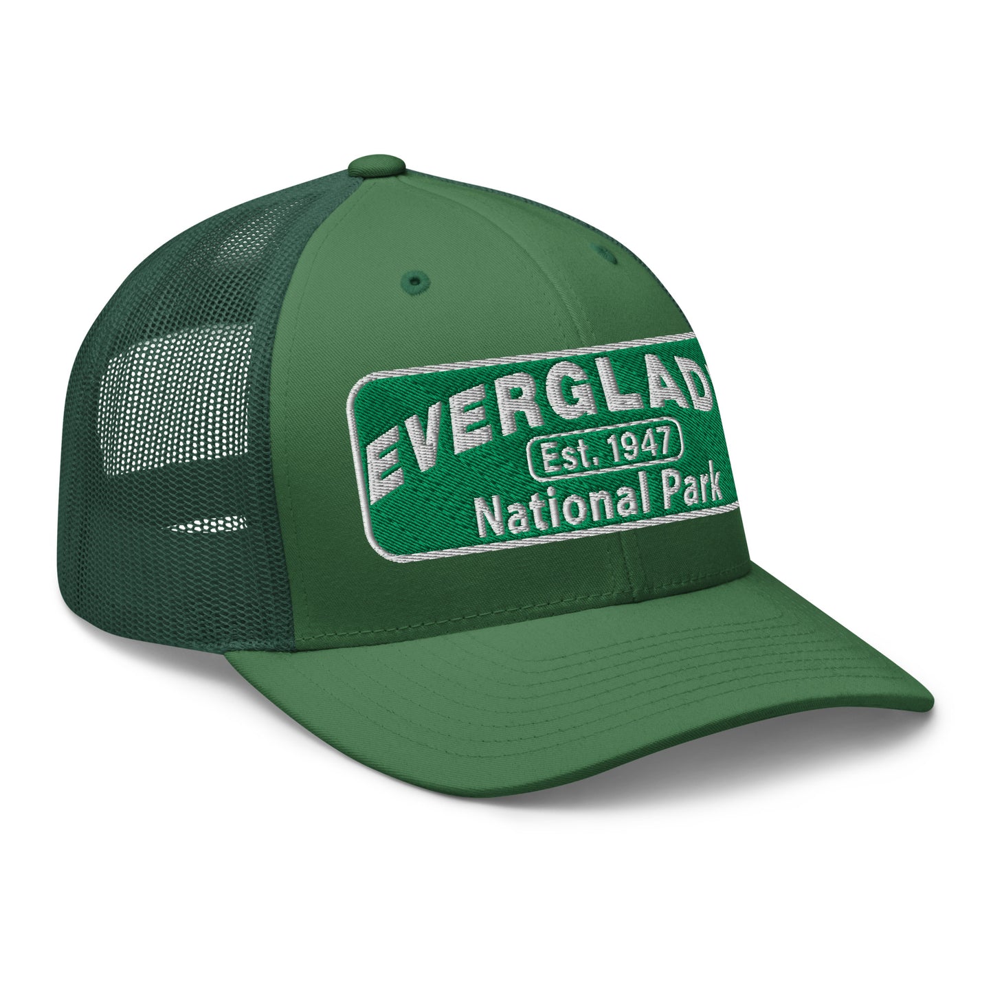 Everglades National Park Hat with a green and white embroidered national park patch on a green Yupoong 6606 Trucker hat viewed from the right side.