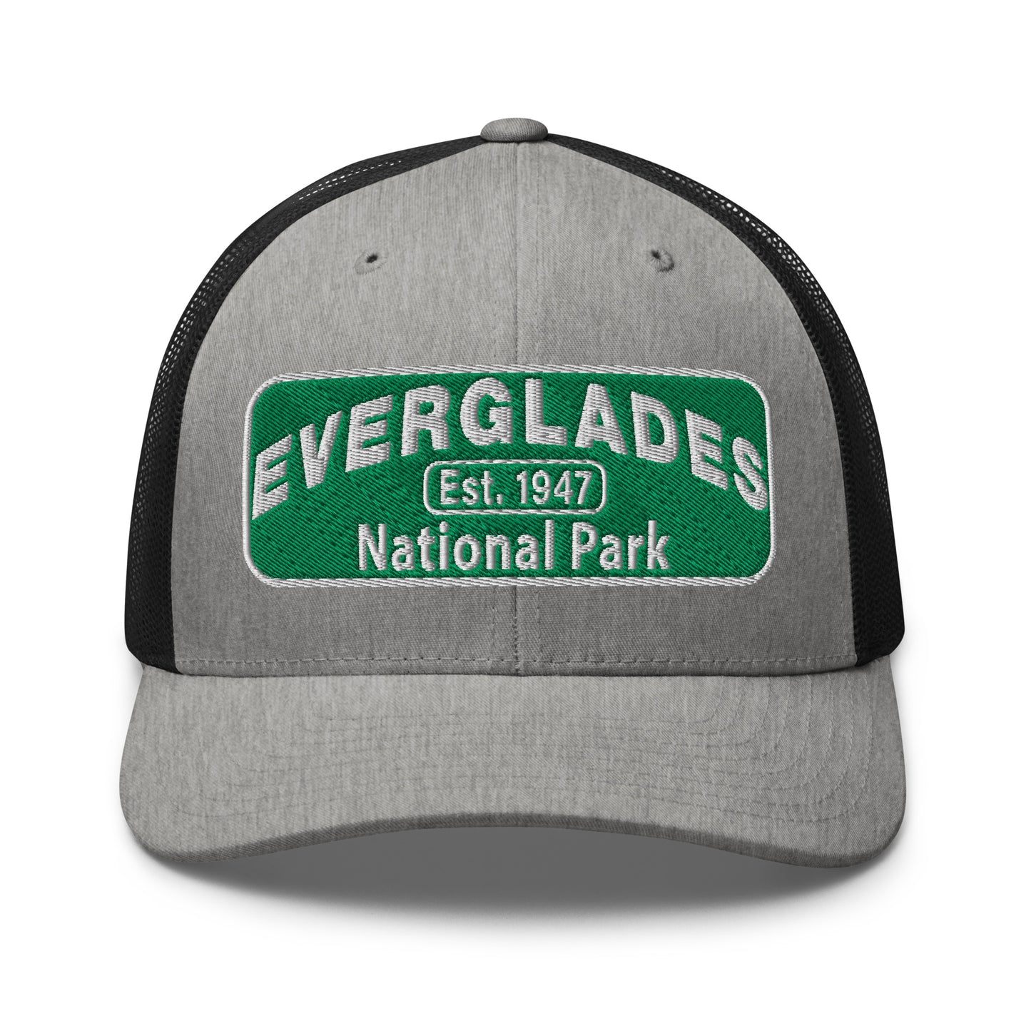 Everglades National Park Hat with a green and white embroidered national park patch on a heather/black Yupoong 6606 Trucker hat viewed from the front.
