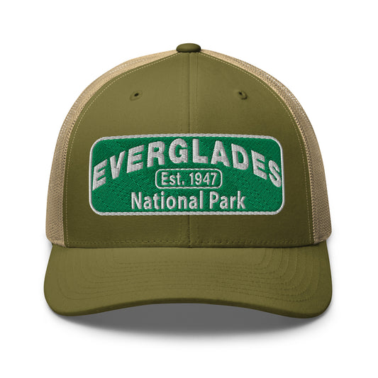 Everglades National Park Hat with a green and white embroidered national park patch on a Moss Green/Khaki Yupoong 6606 Trucker hat viewed from the front.