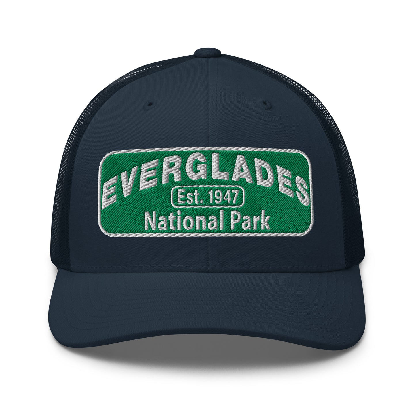Everglades National Park Hat with a green and white embroidered national park patch on a navy Yupoong 6606 Trucker hat viewed from the front.
