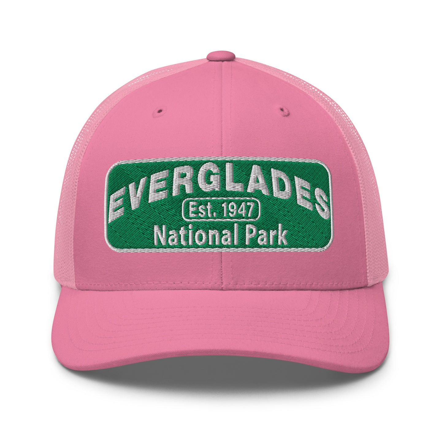 Everglades National Park Hat with a green and white embroidered national park patch on a navy Yupoong 6606 Trucker hat viewed from the front.