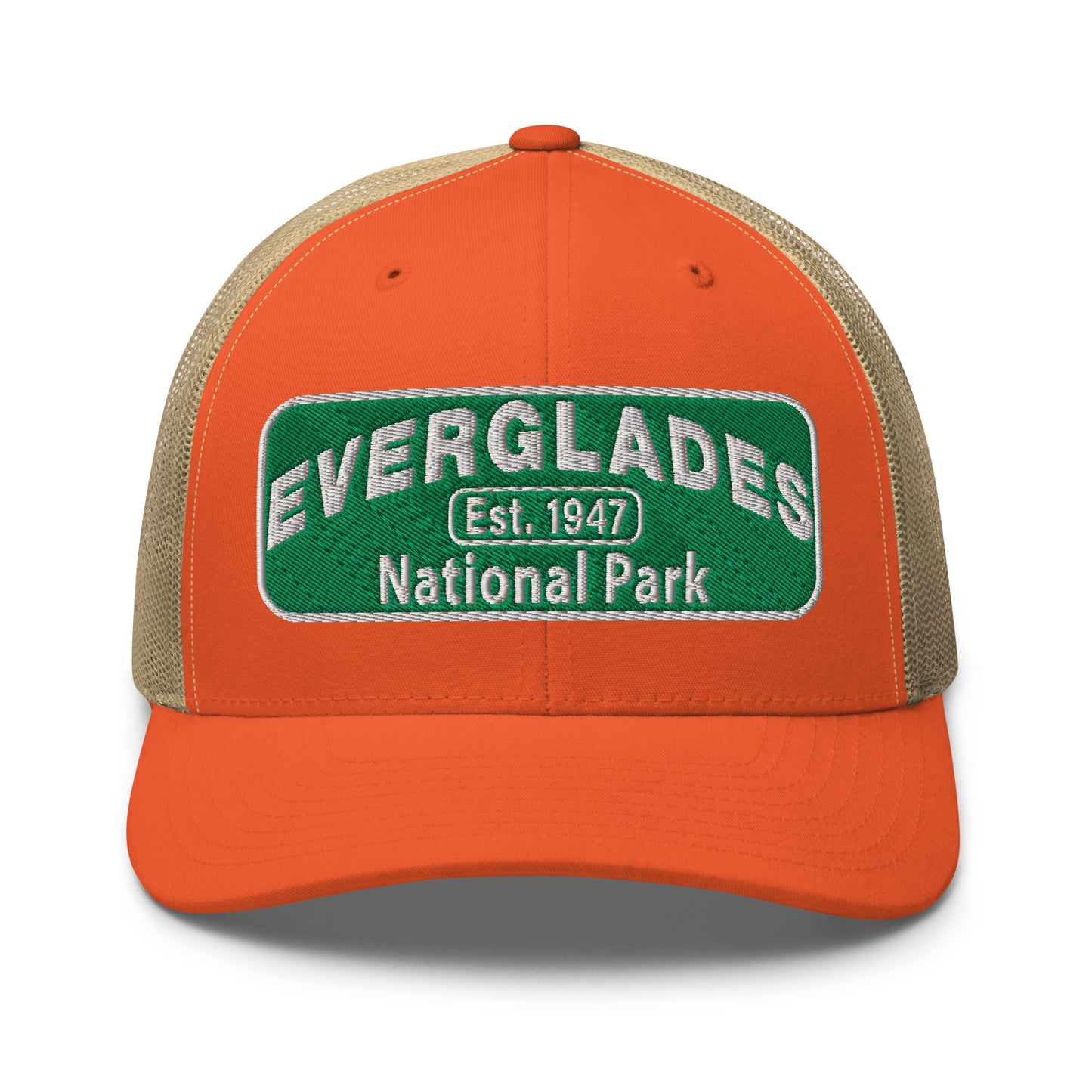 Everglades National Park Hat with a green and white embroidered national park patch on a orange/khaki Yupoong 6606 Trucker hat viewed from the front.