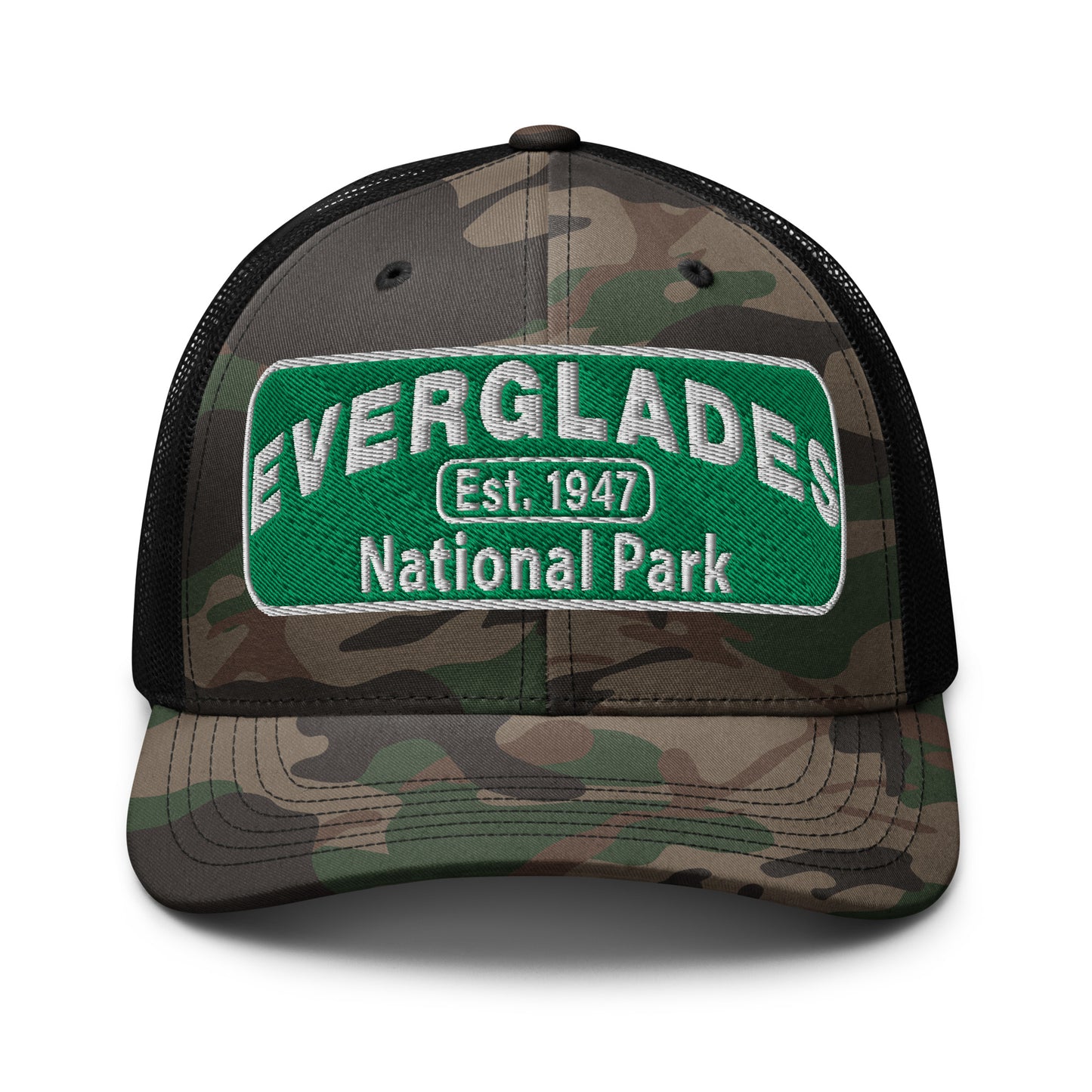 Everglades National Park Camo Hat with a green and white embroidered park patch on a camo/black Otto 105-1247 trucker hat viewed from the front side.