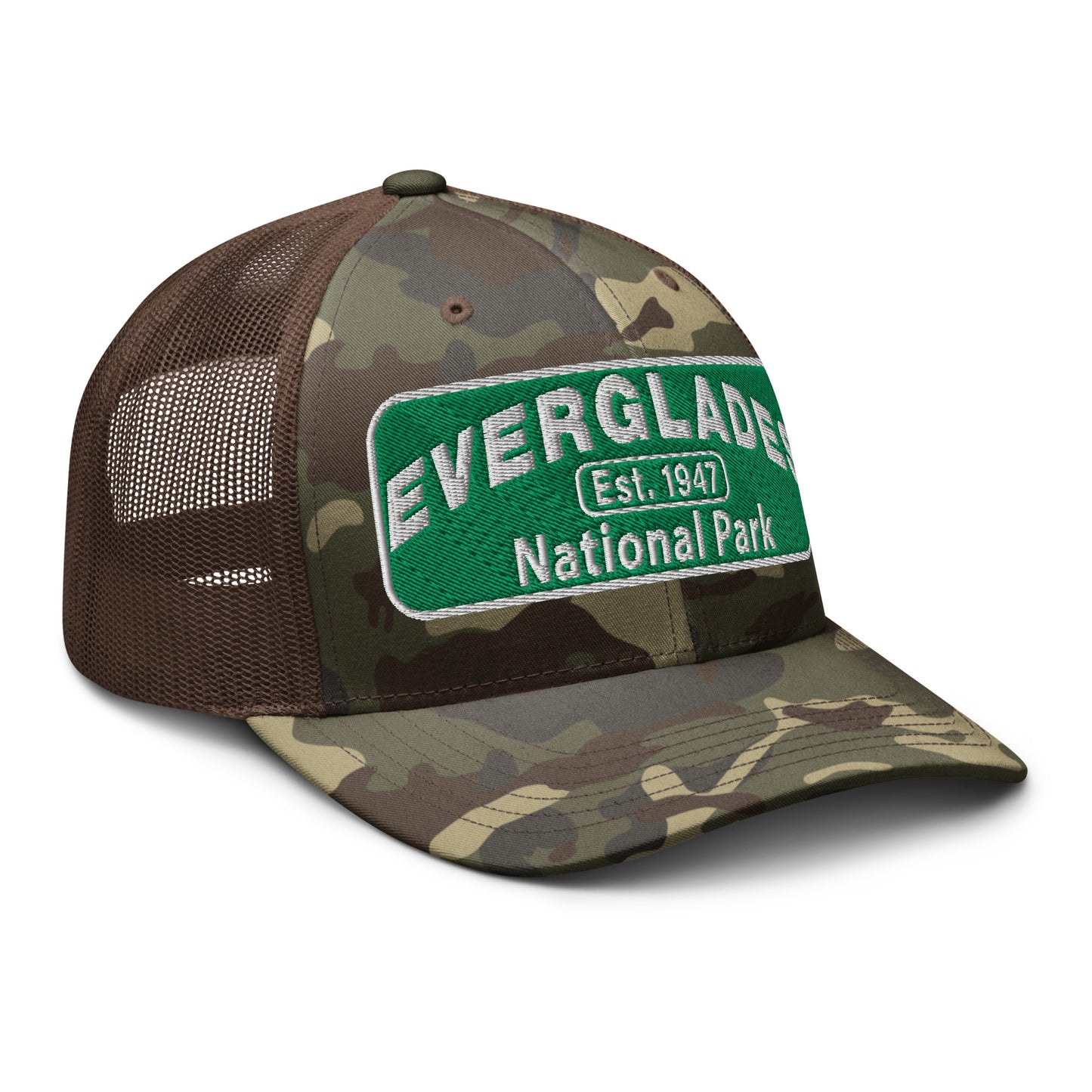Everglades National Park Camo Hat with a green and white embroidered park patch on a camo/brown Otto 105-1247 trucker hat viewed from the right side.