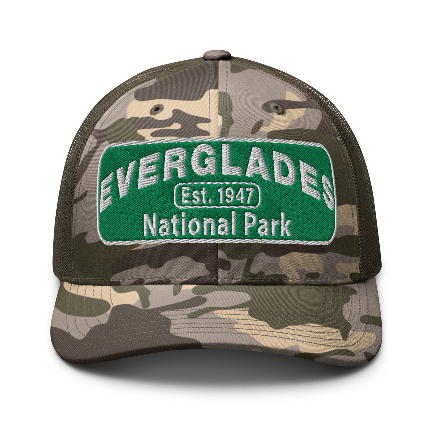 Everglades National Park Camo Hat with a green and white embroidered park patch on a camo/olive Otto 105-1247 trucker hat viewed from the front side.