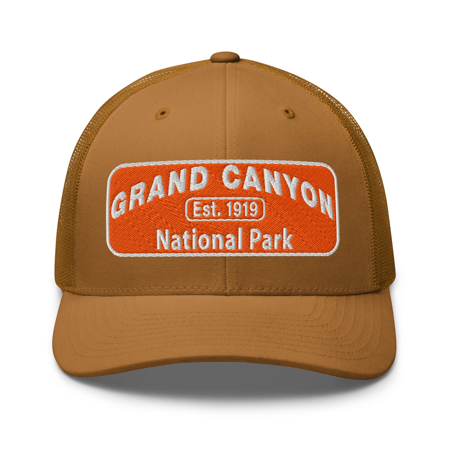 Brown cap with Grand Canyon National Park logo on a orange background