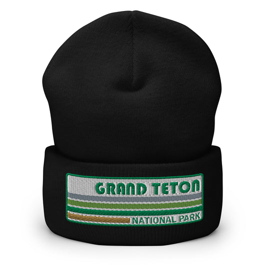 Grand Teton National Park Beanie - Retro 70's Style Grand Teton Style Embroidered Logo - Yupoong 1501KC Beanie - Color: Black