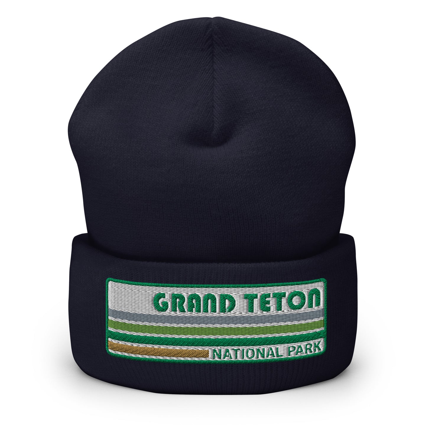 Grand Teton National Park Beanie - Retro 70's Style Grand Teton Style Embroidered Logo - Yupoong 1501KC Beanie - Color: Navy