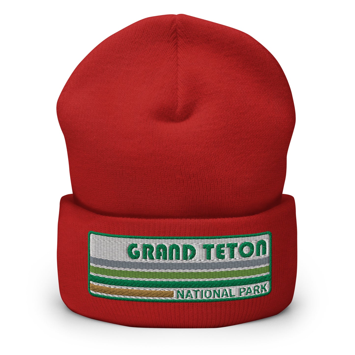 Grand Teton National Park Beanie - Retro 70's Style Grand Teton Style Embroidered Logo - Yupoong 1501KC Beanie - Color: Red