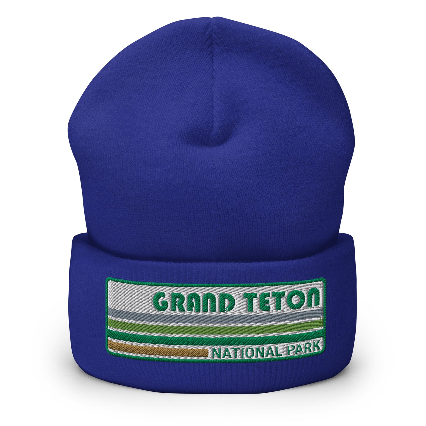 Grand Teton National Park Beanie - Retro 70's Style Grand Teton Style Embroidered Logo - Yupoong 1501KC Beanie - Color: Royal Blue