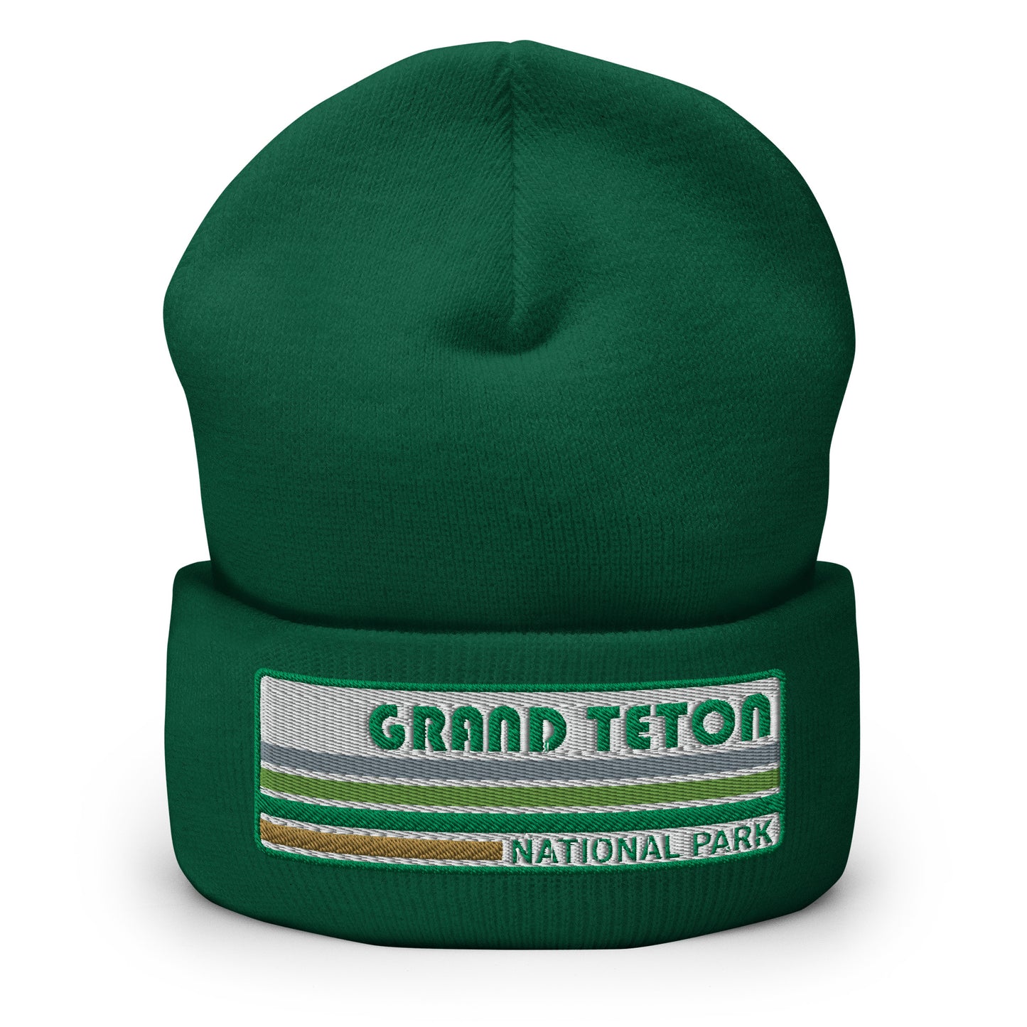 Grand Teton National Park Beanie - Retro 70's Style Grand Teton Style Embroidered Logo - Yupoong 1501KC Beanie - Color: Green