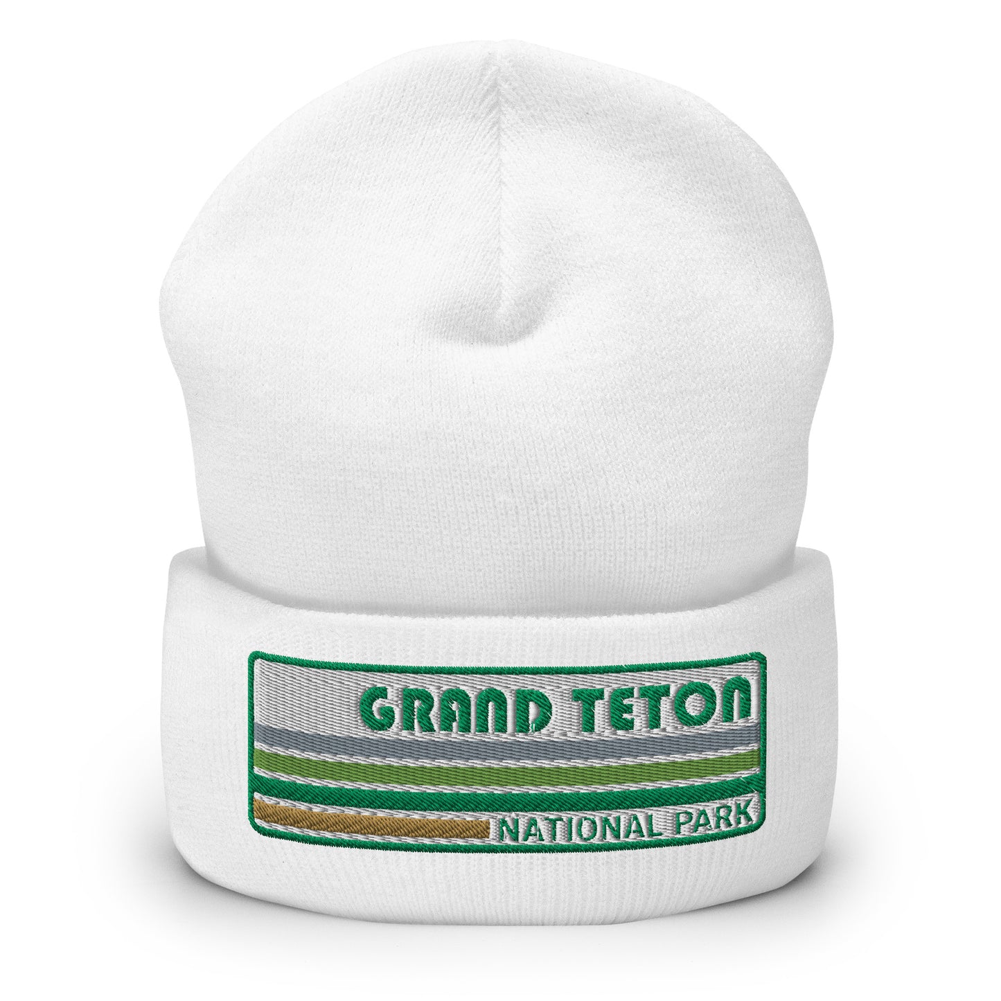Grand Teton National Park Beanie - Retro 70's Style Grand Teton Style Embroidered Logo - Yupoong 1501KC Beanie - Color: White