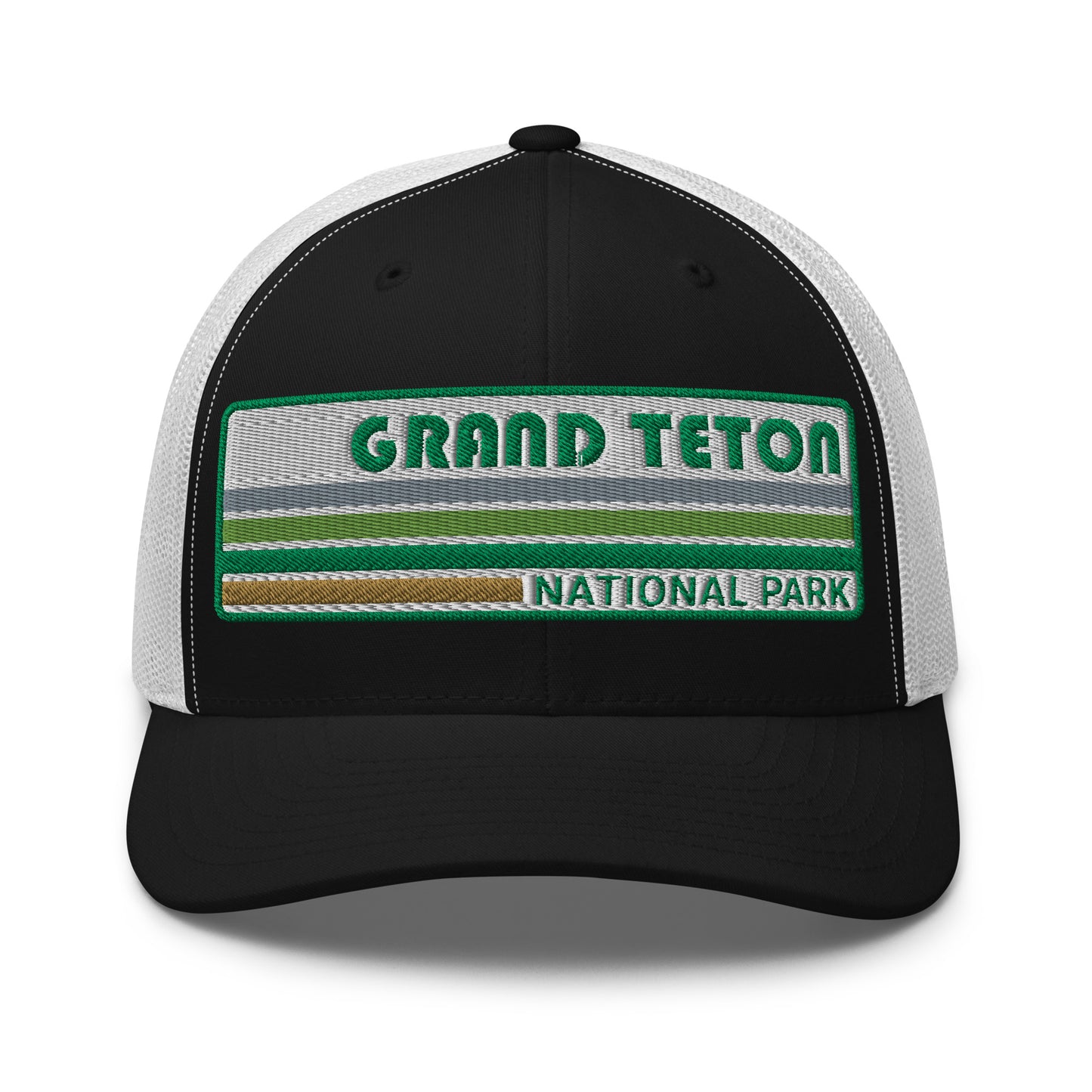 Grand Teton Hat with Retro 70's Style embroidered national park logo. Grand Teton National Park in Green on a Black and White Yupoong 6606 Trucker Hat front side view.
