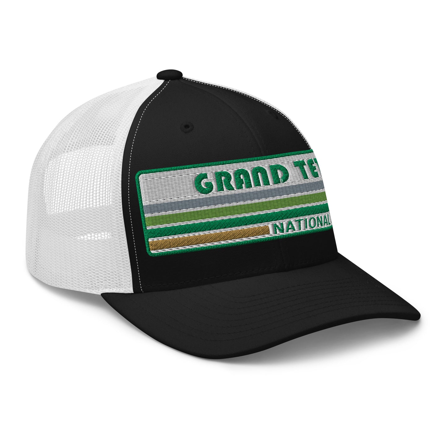 Grand Teton Hat with Retro 70's Style embroidered national park logo. Grand Teton National Park in Green on a Black and White Yupoong 6606 Trucker Hat right side view.