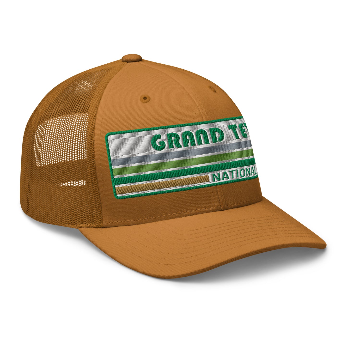 Grand Teton Hat with Retro 70's Style embroidered national park logo. Grand Teton National Park in Green on a caramel Yupoong 6606 Trucker Hat right side view.