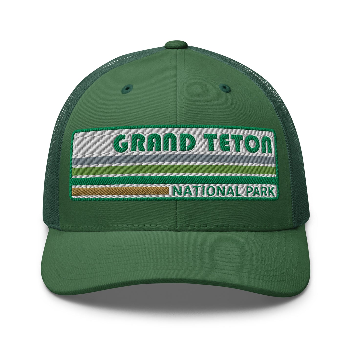 Grand Teton Hat with Retro 70's Style embroidered national park logo. Grand Teton National Park in Green on a green Yupoong 6606 Trucker Hat front side view.