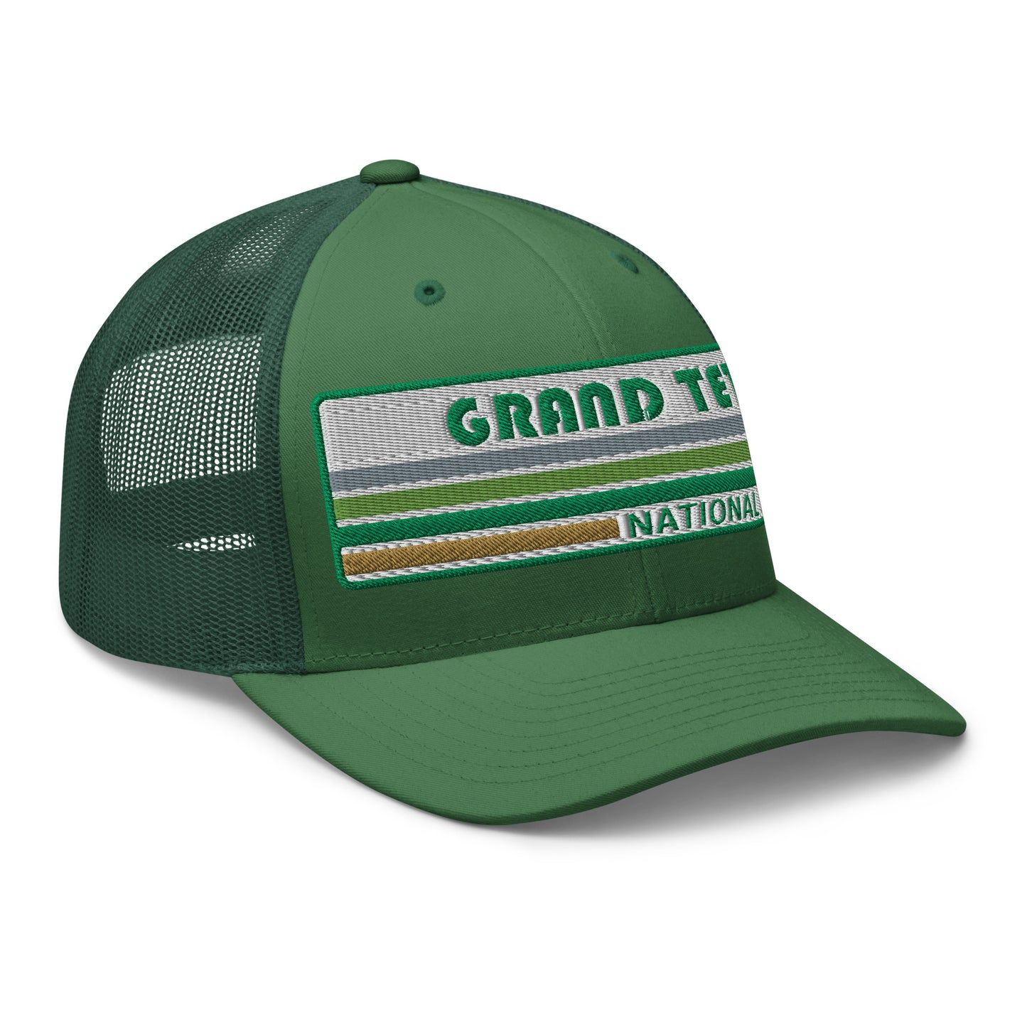 Grand Teton Hat with Retro 70's Style embroidered national park logo. Grand Teton National Park in Green on a green Yupoong 6606 Trucker Hat right side view.