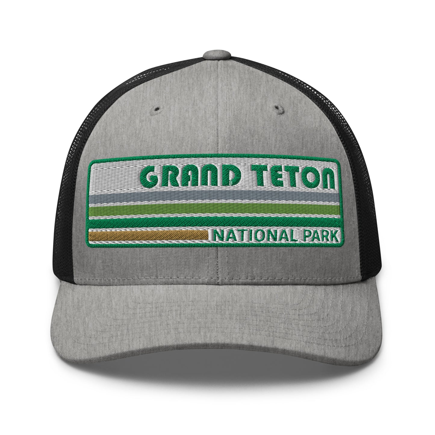 Grand Teton Hat with Retro 70's Style embroidered national park logo. Grand Teton National Park in Green on a heather/black Yupoong 6606 Trucker Hat front side view.