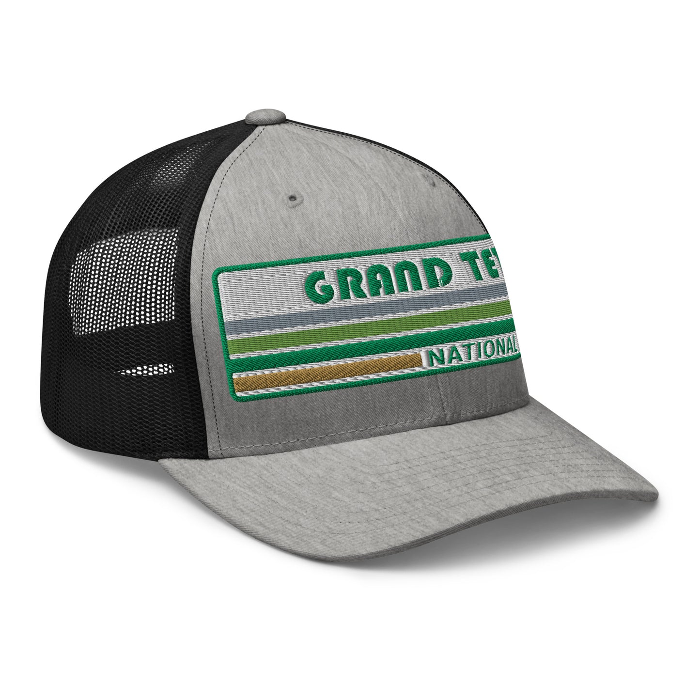 Grand Teton Hat with Retro 70's Style embroidered national park logo. Grand Teton National Park in Green on a heather/black Yupoong 6606 Trucker Hat right side view.