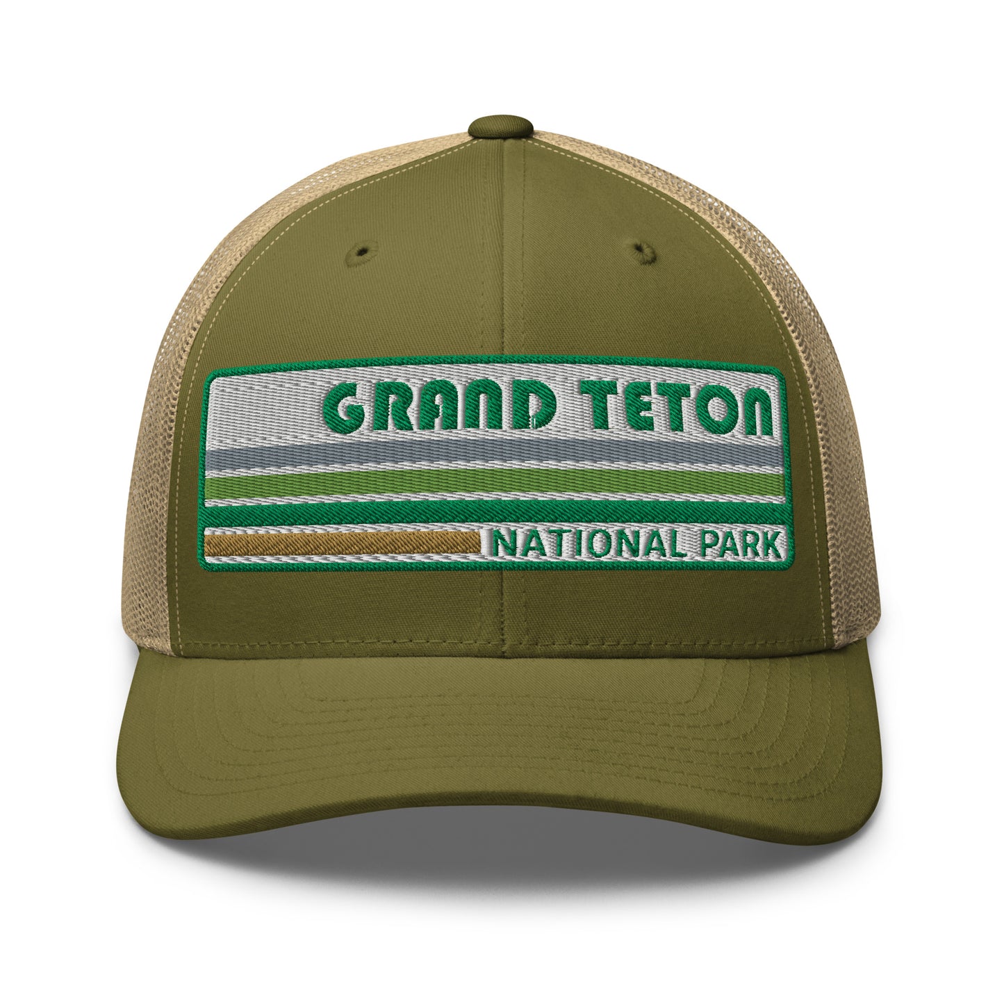 Grand Teton Hat with Retro 70's Style embroidered national park logo. Grand Teton National Park in Green on a moss green/khaki Yupoong 6606 Trucker Hat front side view.