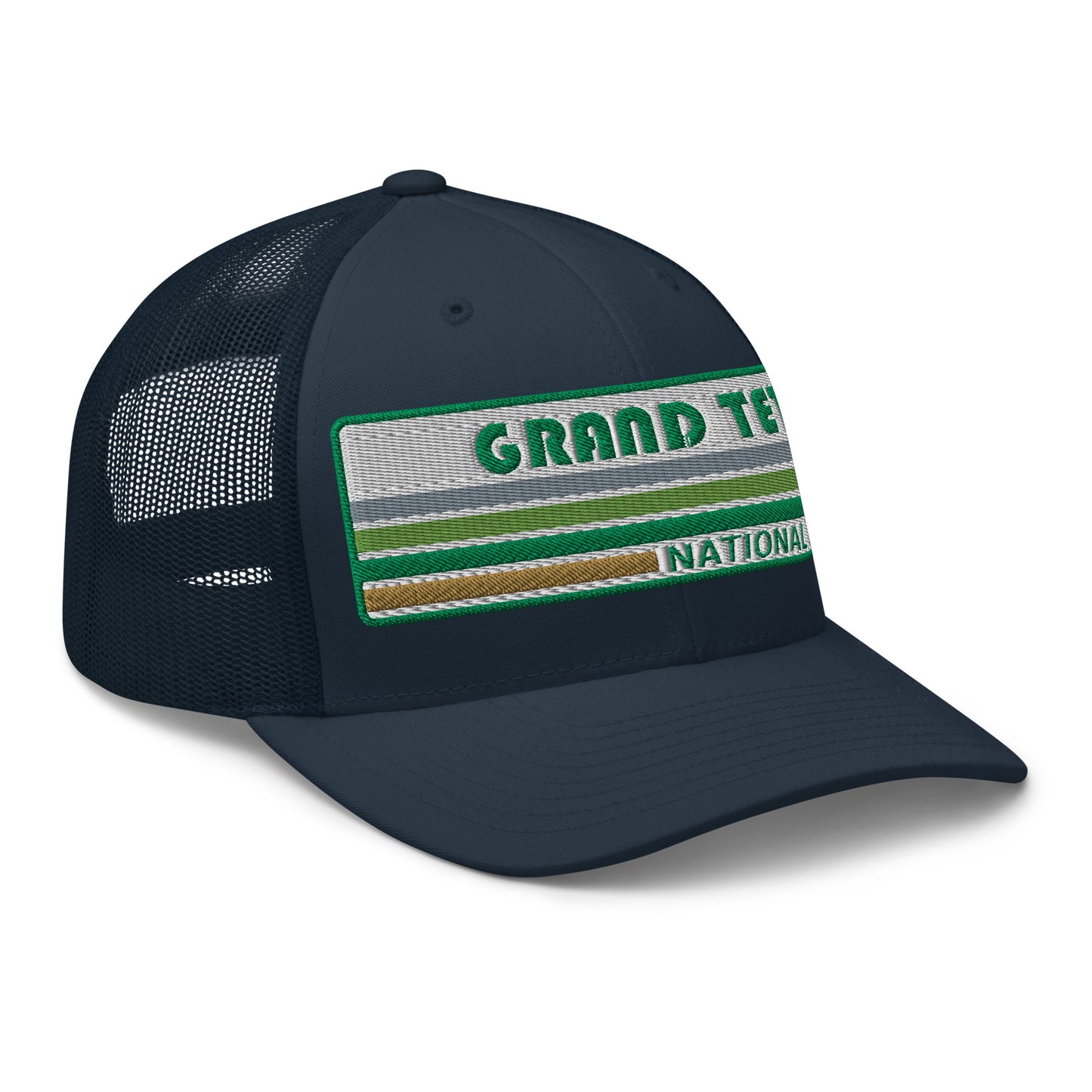 Grand Teton Hat with Retro 70's Style embroidered national park logo. Grand Teton National Park in Green on a navy Yupoong 6606 Trucker Hat right side view.