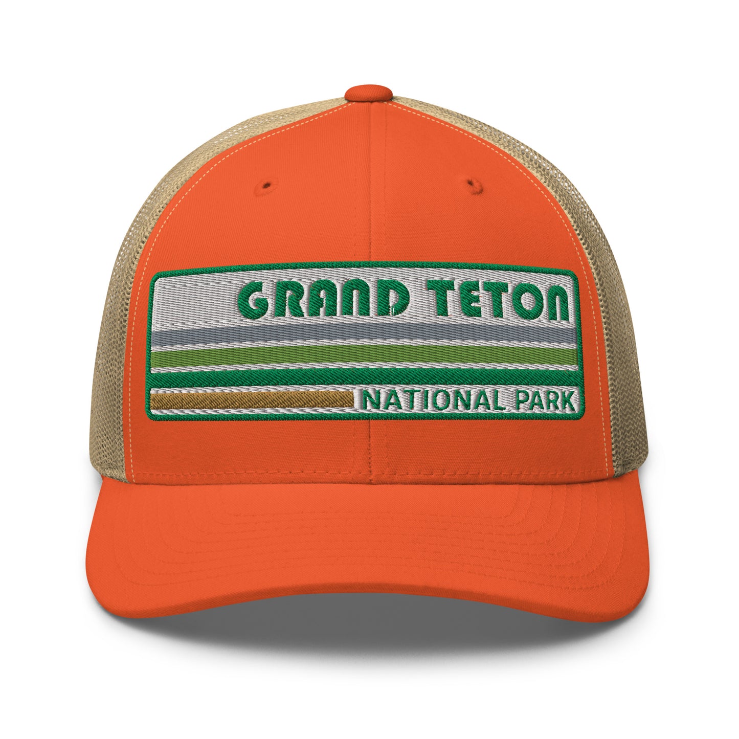 Grand Teton Hat with Retro 70's Style embroidered national park logo. Grand Teton National Park in Green on a orange/khaki Yupoong 6606 Trucker Hat front side view.